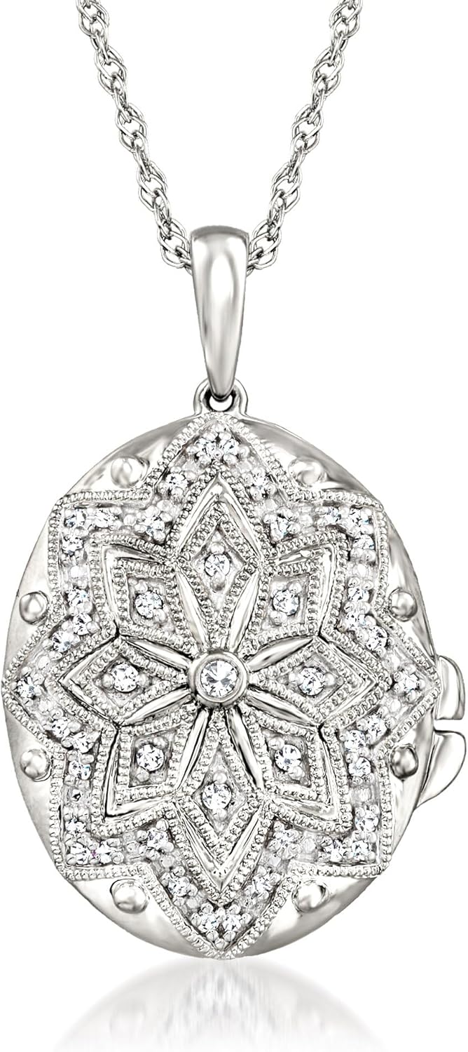 Ross-Simons 0.10 ct. t.w. Diamond Floral Locket Necklace in Sterling Silver