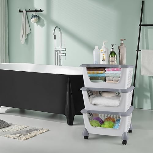 Miniatura 5 de Cestas de almacenamiento apilables de plástico de 3 niveles con ruedas, cesta apilable rodante, gris