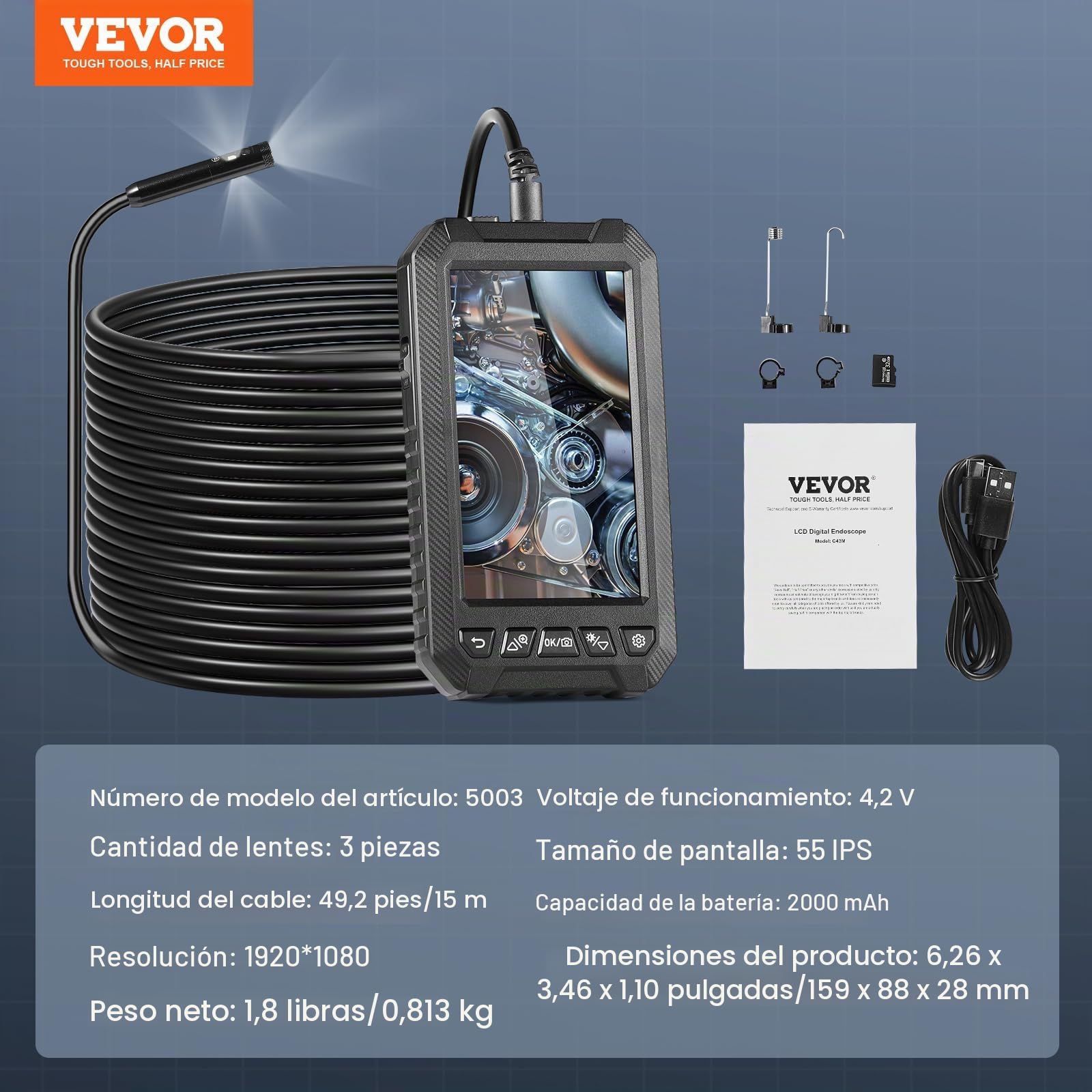 VEVOR Cámara Endoscópica con Luz de Triple Lente con Cable Semirrígido de 15 m, 1080P, con Pantalla, 8 + 2 Luces LED, Impermeable IP67 para Automóviles, Plomería(Tarjeta de 32 GB), 159 x 88 x 28 mm
