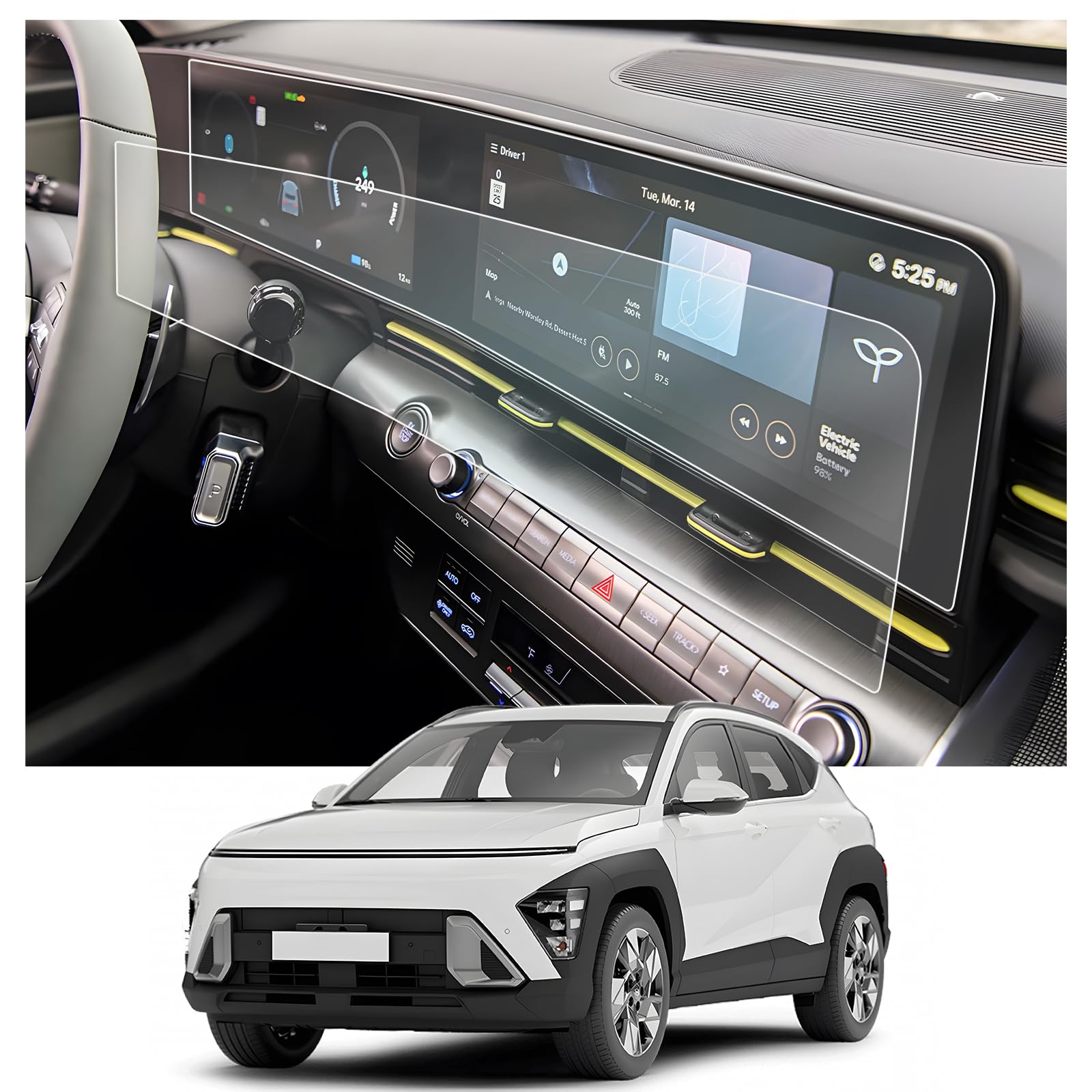 CDEFG Compatible con Hyundai Kona SX2 2024-2026 EV Navegación y Panel de Instrumentos Película Protectora 12,3 pulgadas GPS Protector de Pantalla Navi Película Accesorios 2 Piezas
