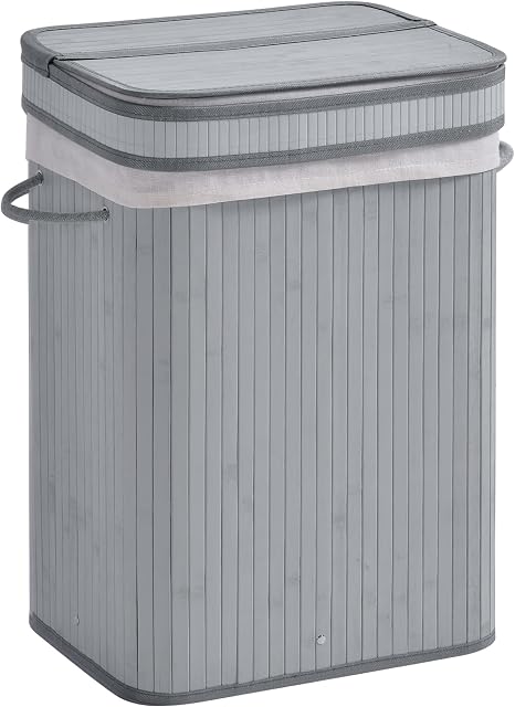 HOMCOM 70L Natural Wood Laundry Basket A Compartment w/Flip Lid Removable Lining Handles Board Base Foldable Durable Water-Resistant Dirty Clothes Storage Home Organisation Grey