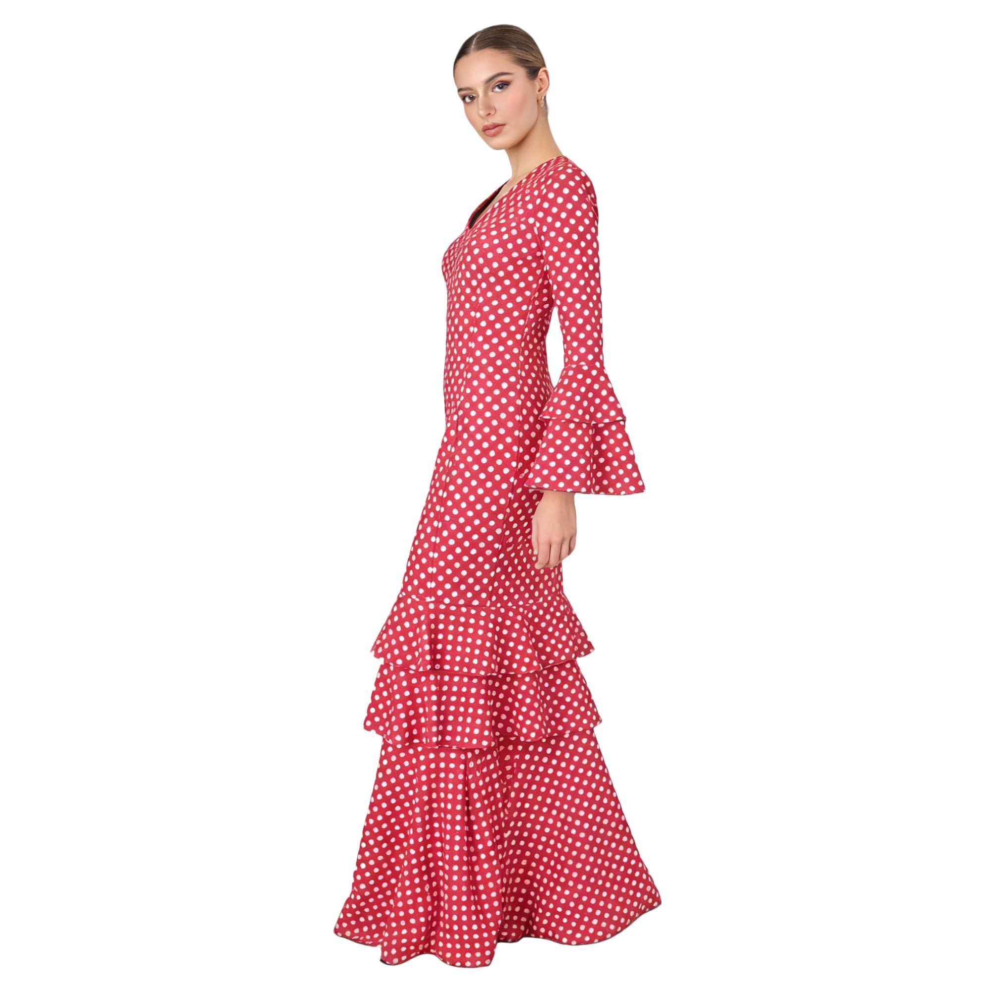 Vestito Fenicottero Donna Lungo - Costume da Sivigliana Adulto con Pois, Maniche a Siviglia - Vestito Andaluso Elegante per Fiera e Danza
