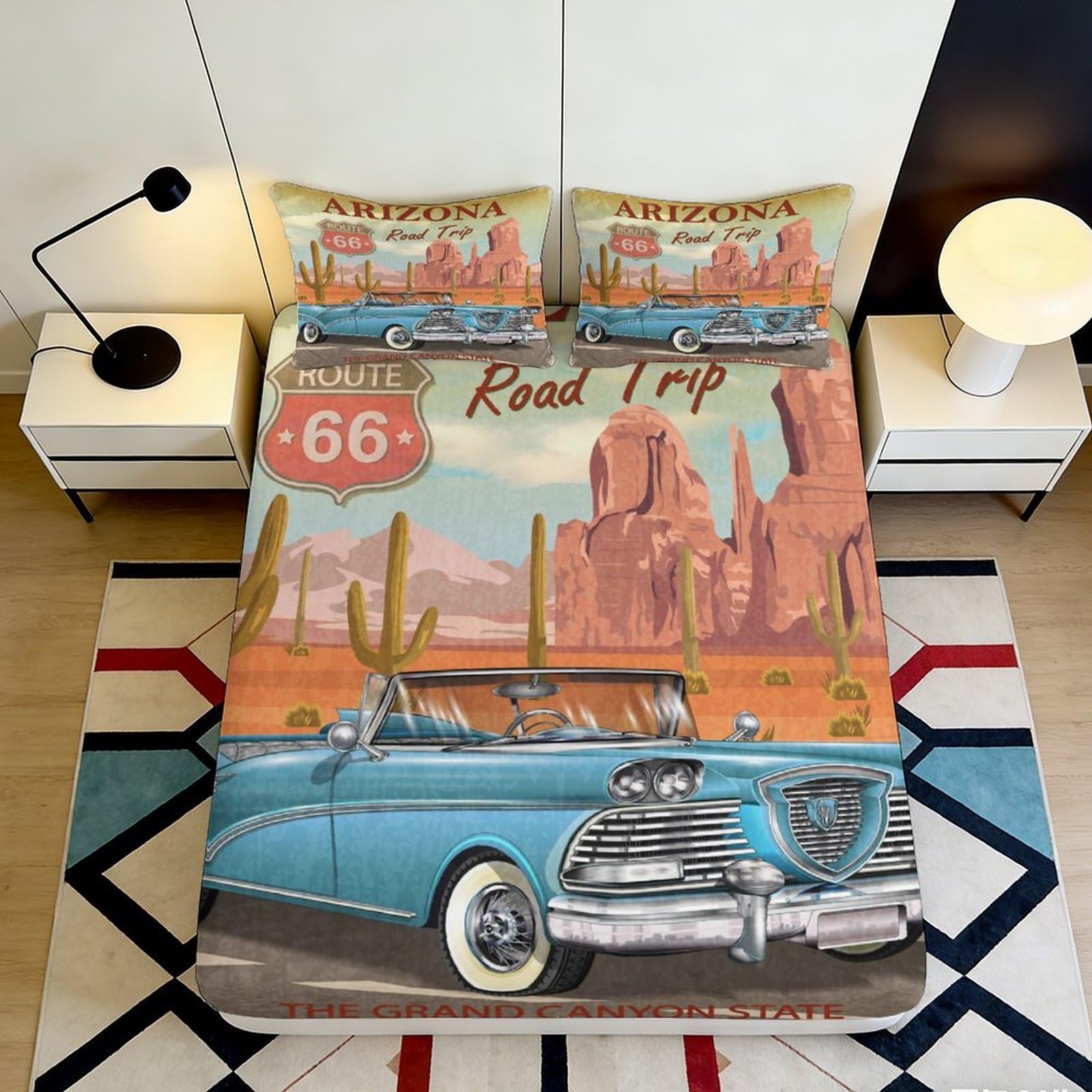 3D Printed Vintage Route 66 Fitted Sheet Microfiber Soft Retro Car Desert Mattress Cover for Bedroom Guest Room Decor 90x200x25cm