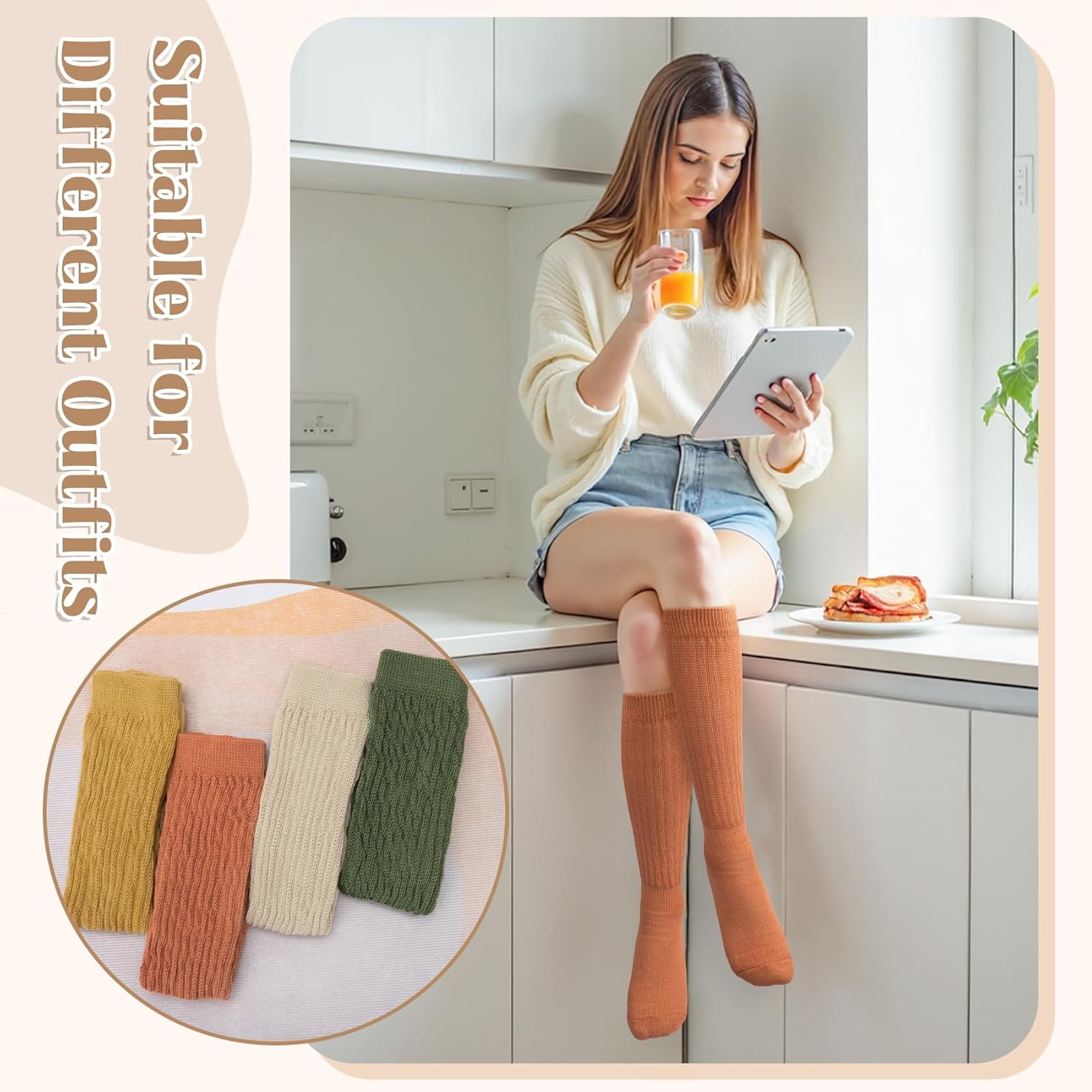 Justay 4 Pairs Slouchy Socks for Women, Scrunch Boot Long Knee High Knit Tube Athletic Slouch Socks for Woman - Image 6