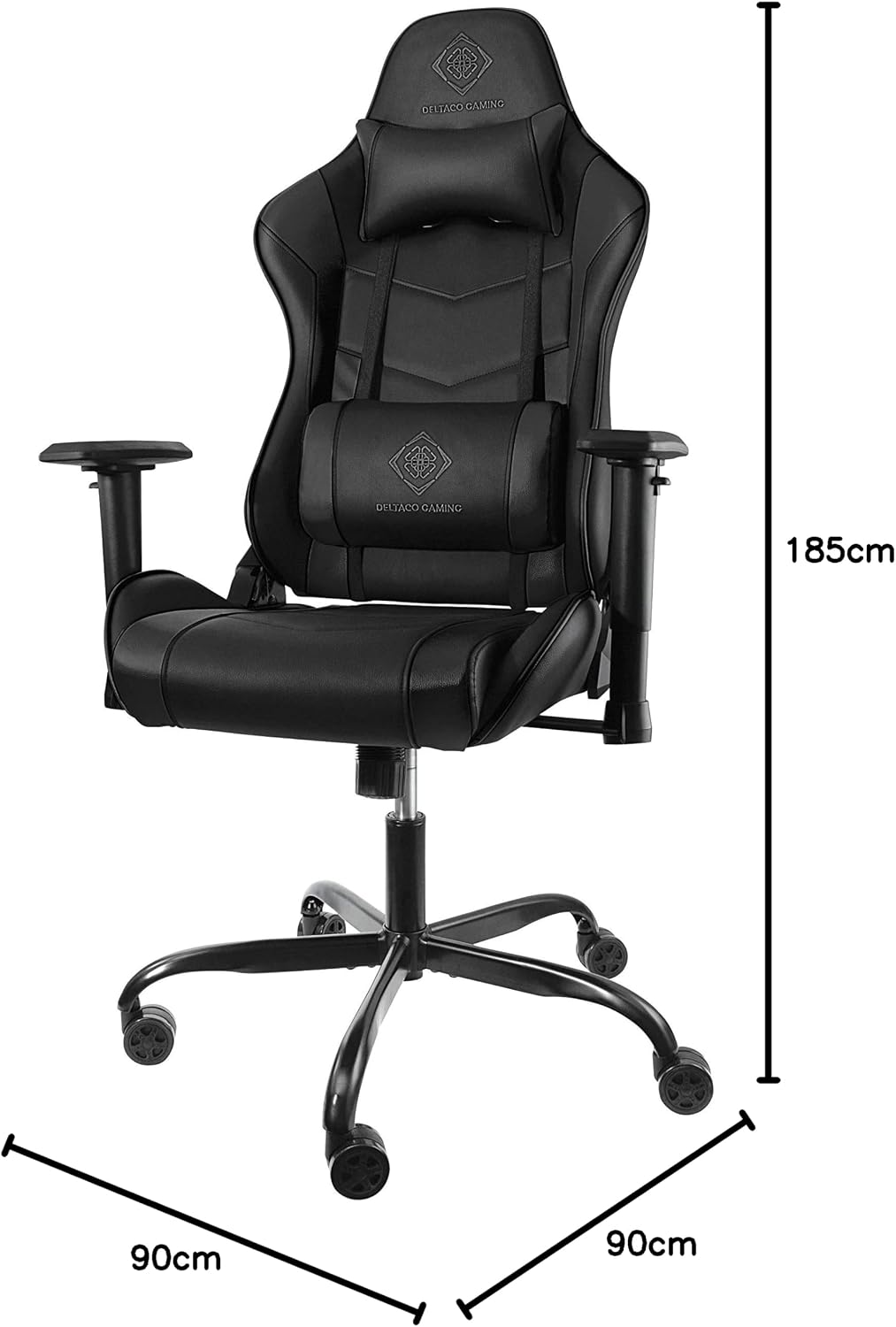 Dimensions of the gaming chair showing 185cm height and 90cm width/depth