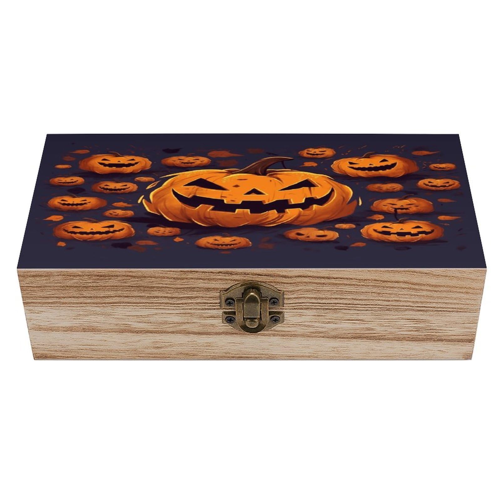 JTREHY Halloween Pumpkin Wooden Keepsake Box Vintage-Style Wood Keepsake Case with Hinged Lid Solid Wood Boxes Beautifully Memory Treasure Case Vintage-Style Wooden Storage Box