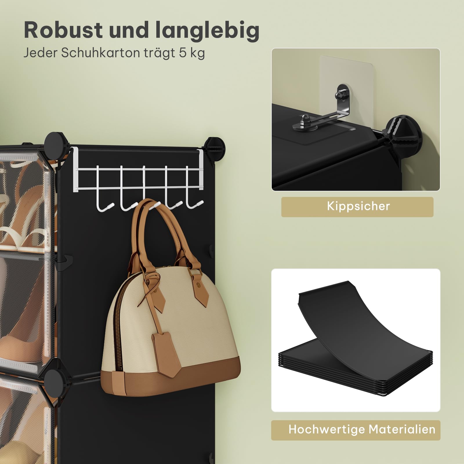 WOLTU Schuhregal, Schuhschrank mit 10 Fächern, Platzsparend, Mit Haken, Schuhablage Kunststoff, für Flur Schlafzimmer Eingang, Schuhaufbewahrung für 40 Paar Schuhe,Bis Größe 44, Schwarz