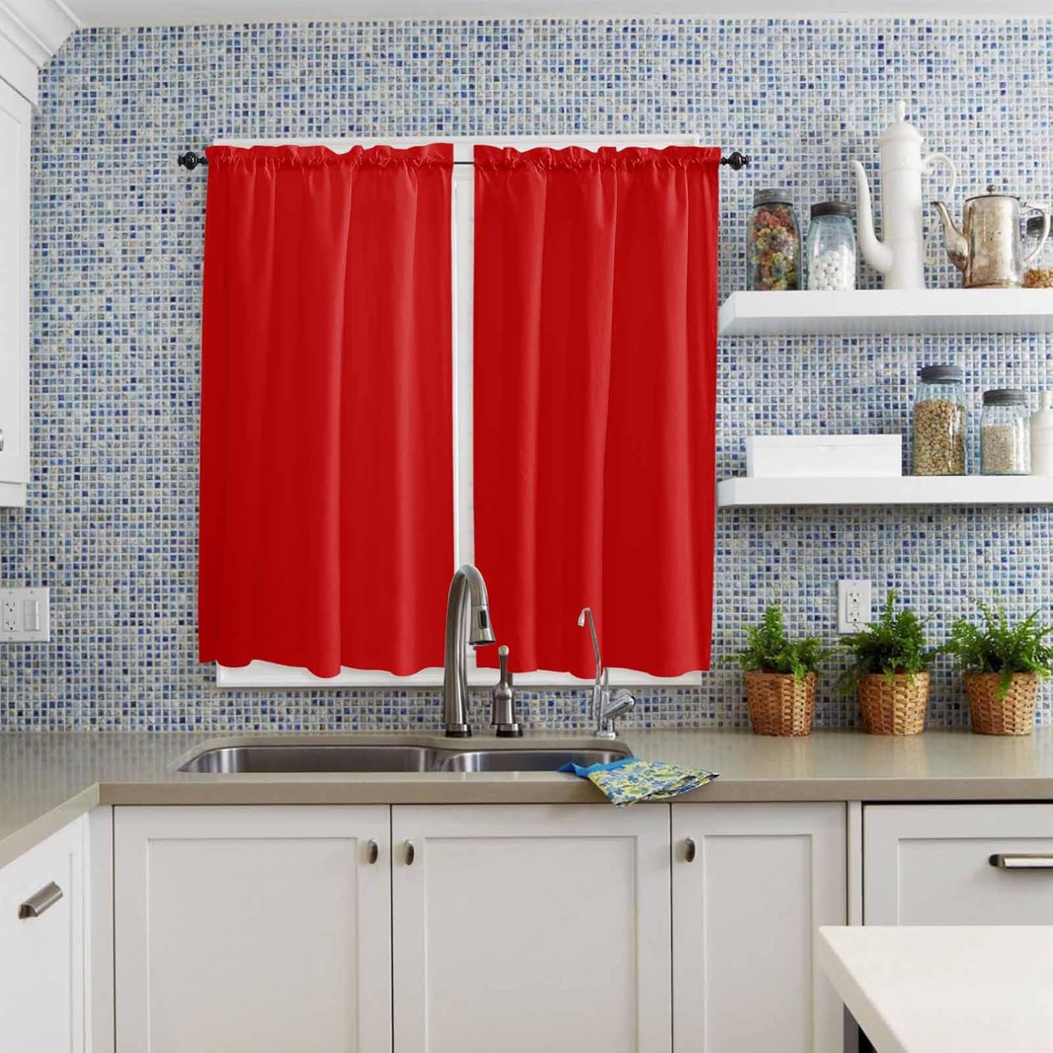 Christmas Red Kitchen Curtains, Modern Simple Xmas Red Backdrop Light Filtering Window Curtain Panels, 2Pcs Rod Pocket Window Treatments Set for Living Room Bathroom Bedroom 42x63 Inches