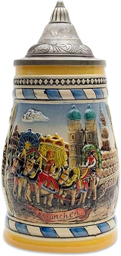 OktoberfestHaus Beer Stein Oktoberfest con tapa grabada München (Munich) Taza de cerámica con escena de Okoberfest, regalos para amantes de la