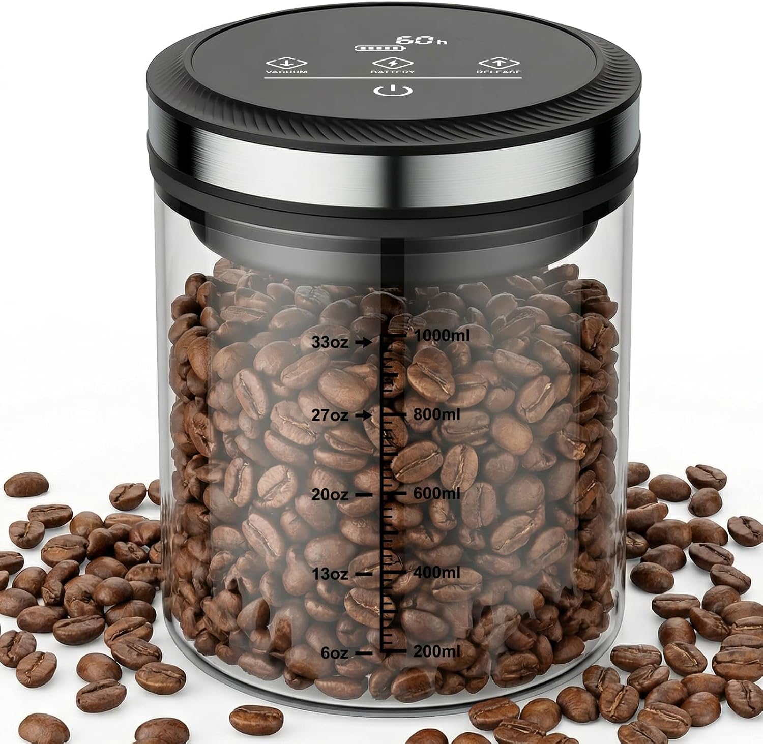 Vacuum Coffee Canister, One-touch Operation with Display, Standby Time Over 4500H, Vacuum Coffee Canister Suitable for Grain/Sugar/Tea Leaves/Flour, 1.2L Capacity with Large Feed Opening