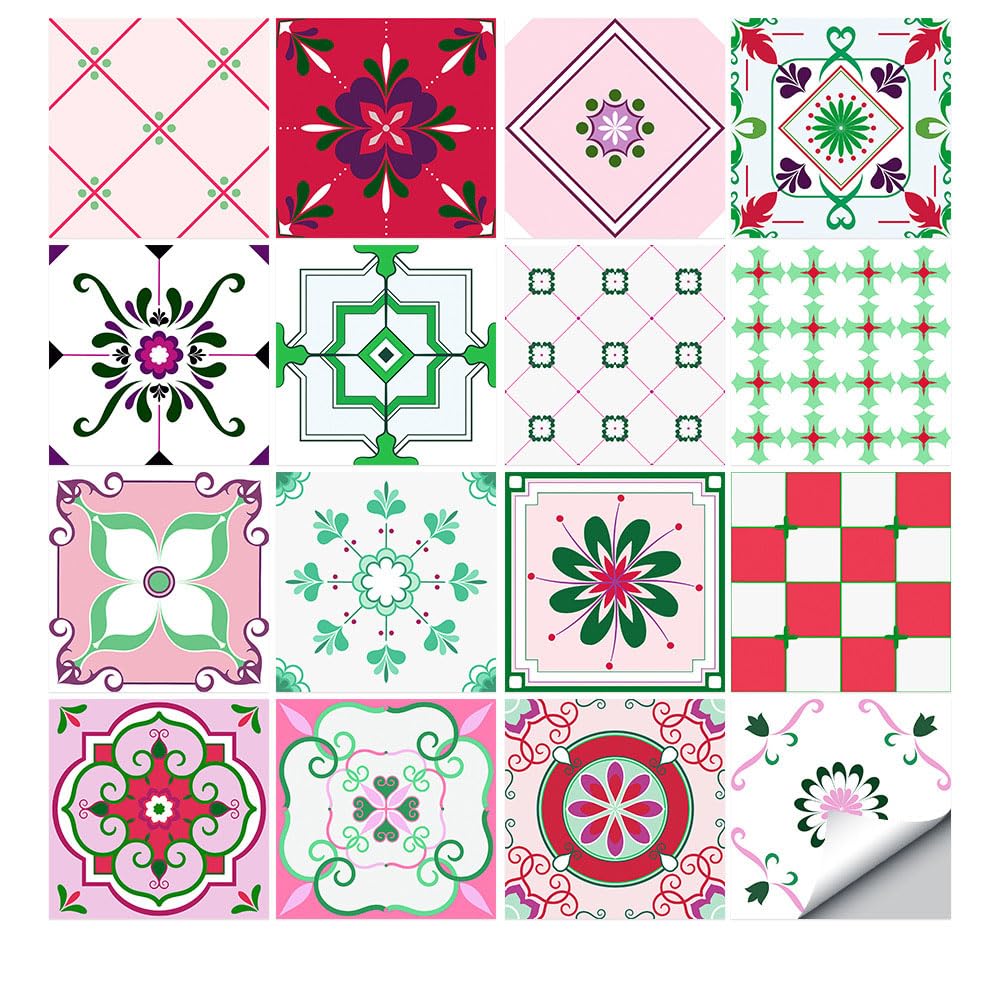 LMYSXAOZ 16 PCS Tile Stickers Stick on Tiles, Self Adhesive Wall Tiles for Bathroom Kitchen, Oil Proof DIY Peel and Floor Flower Brick (30x30cm,Pink)