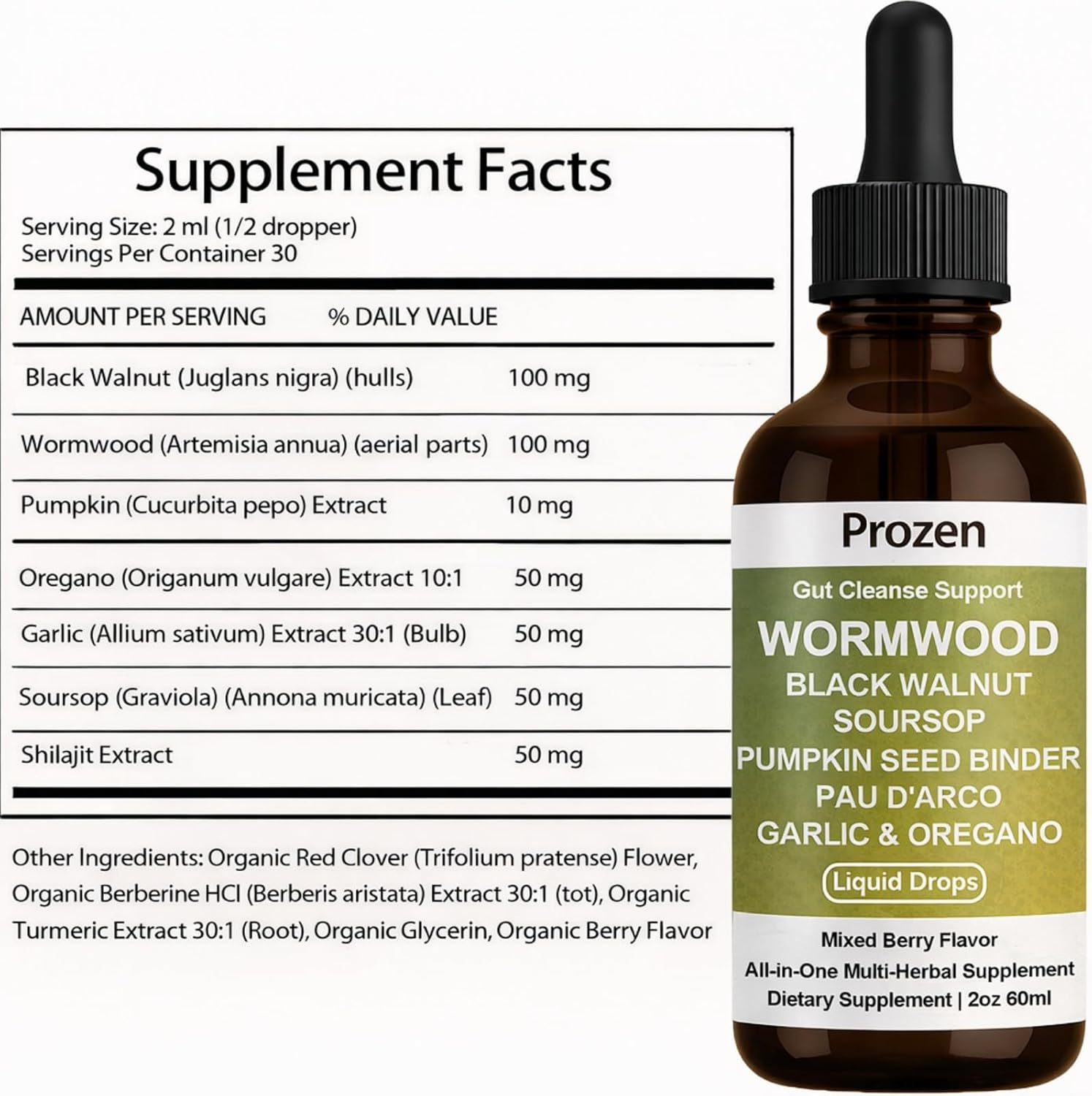 Prozen Wormwood Gut Cleanse Liquid Drops, Nuvian Wormwood Black Walnut Clove Gut Cleanser for Adults with Soursop, Pumpkin Seed, Pau D'Arco, Garlic Oregano, Boosts Energy, Health & Absorption,2Oz (1)