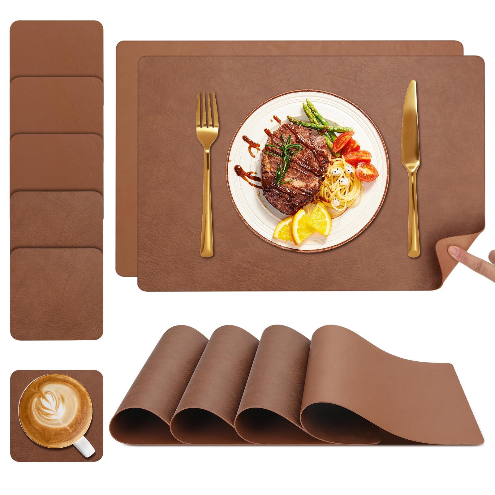 YIHELU Tischsets Abwaschbar und Untersetzer 6er Set, Platzsets Abwaschbar Doppelseitigen Kunstleder rutschfest & Einfache Reinigung, Platzdeckchen für Esszimmer