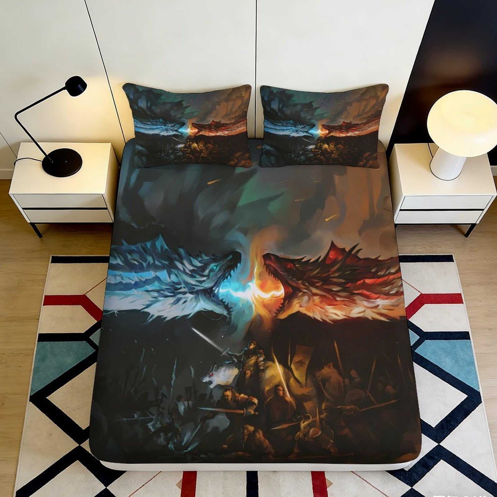 3D Printed Dragon Battle Fitted Sheet Microfiber Durable Soft Bed Cover with Fantasy Art for Bedroom Dormitory Guest Room Mattress Protection 200x200x25cm