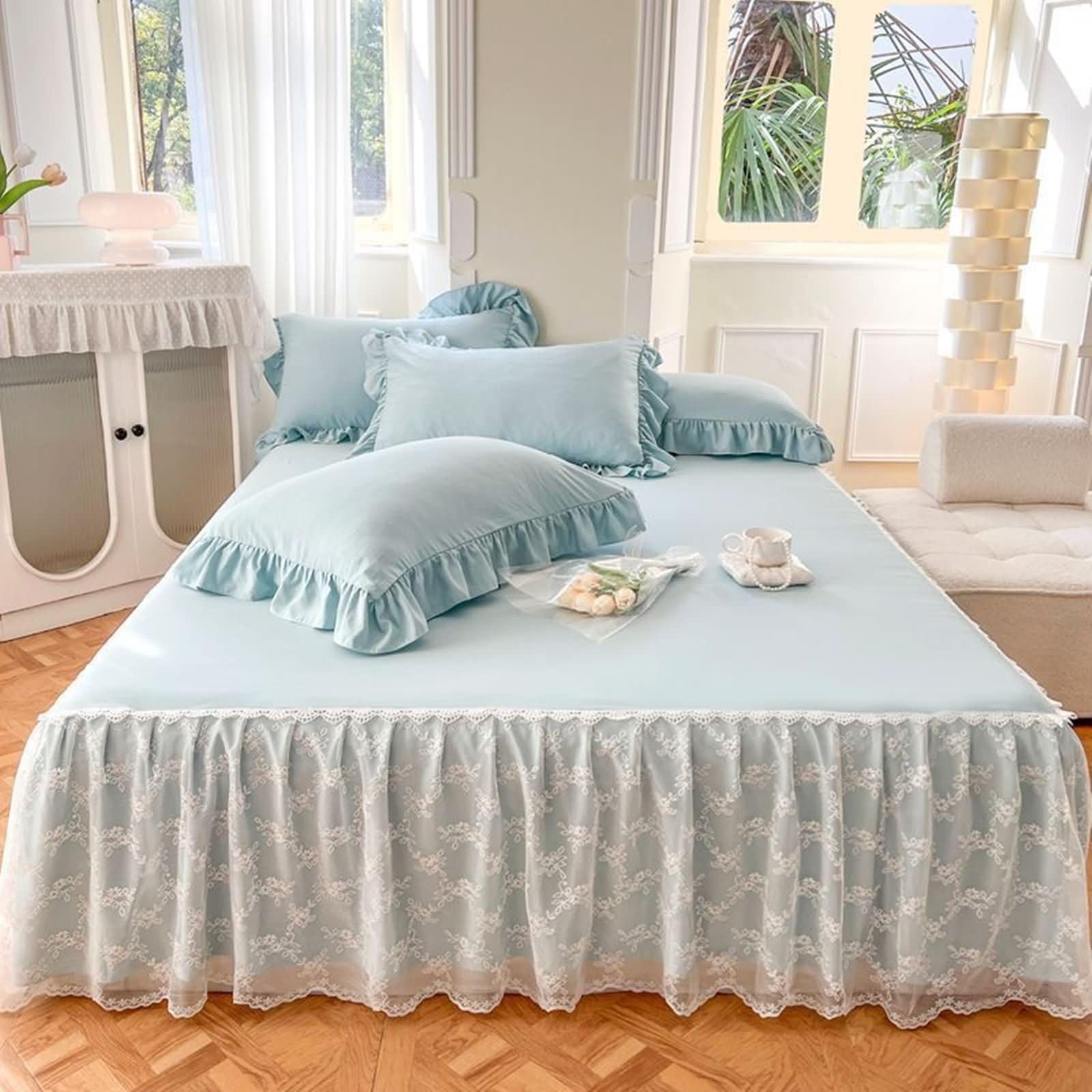 Jupe de lit 150x200cm la solution drap housse bleu lavable pour cacher le sommier