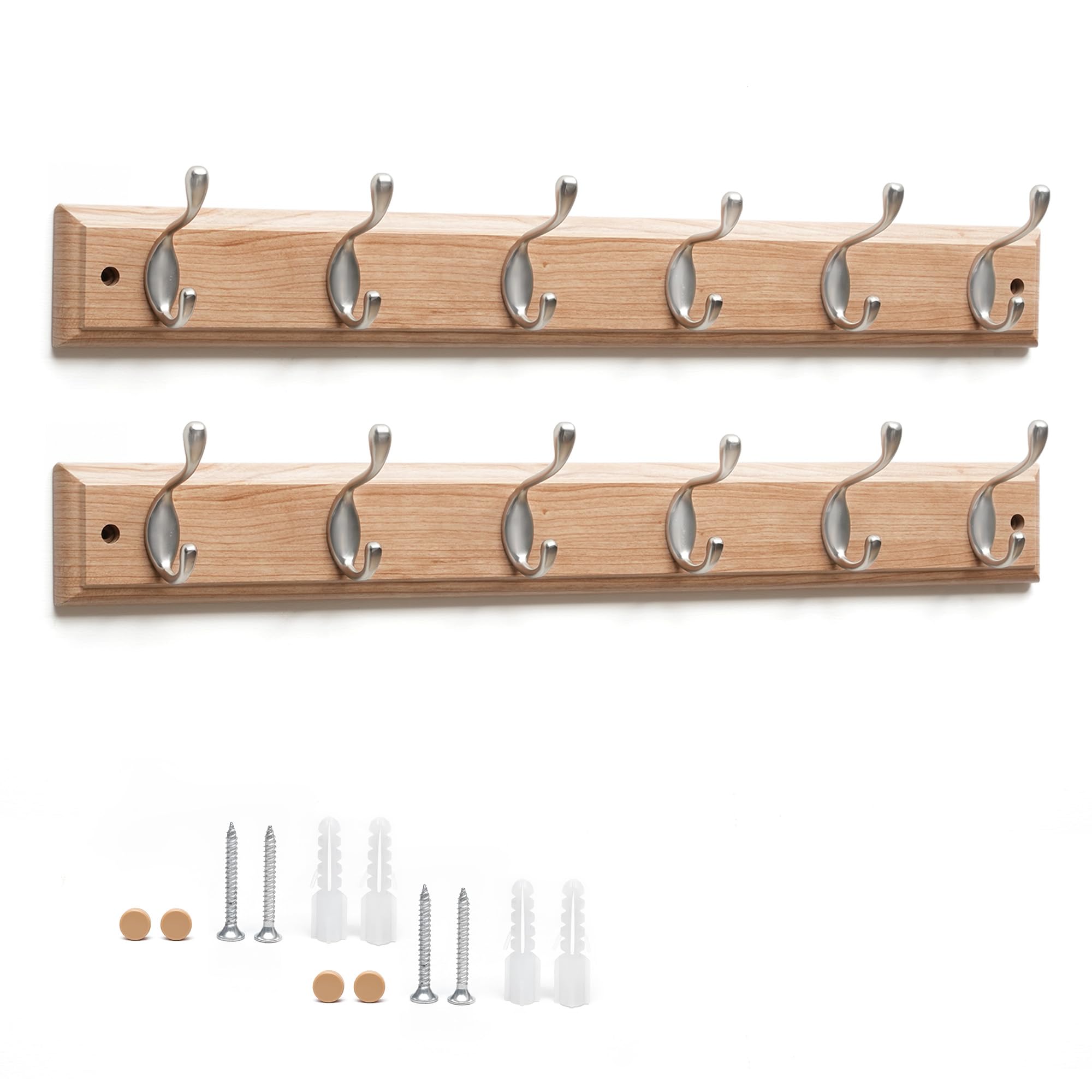 Flatro Coat Hooks Wall-Mounted (Fixings Included) Pack of 2 MDF with a Bamboo Finish Coat Rack with 6 Zinc Alloy Hooks to Hang Hats, Jackets, Bags, Keys, Towels for Home Entrances, Bedrooms, Bathrooms