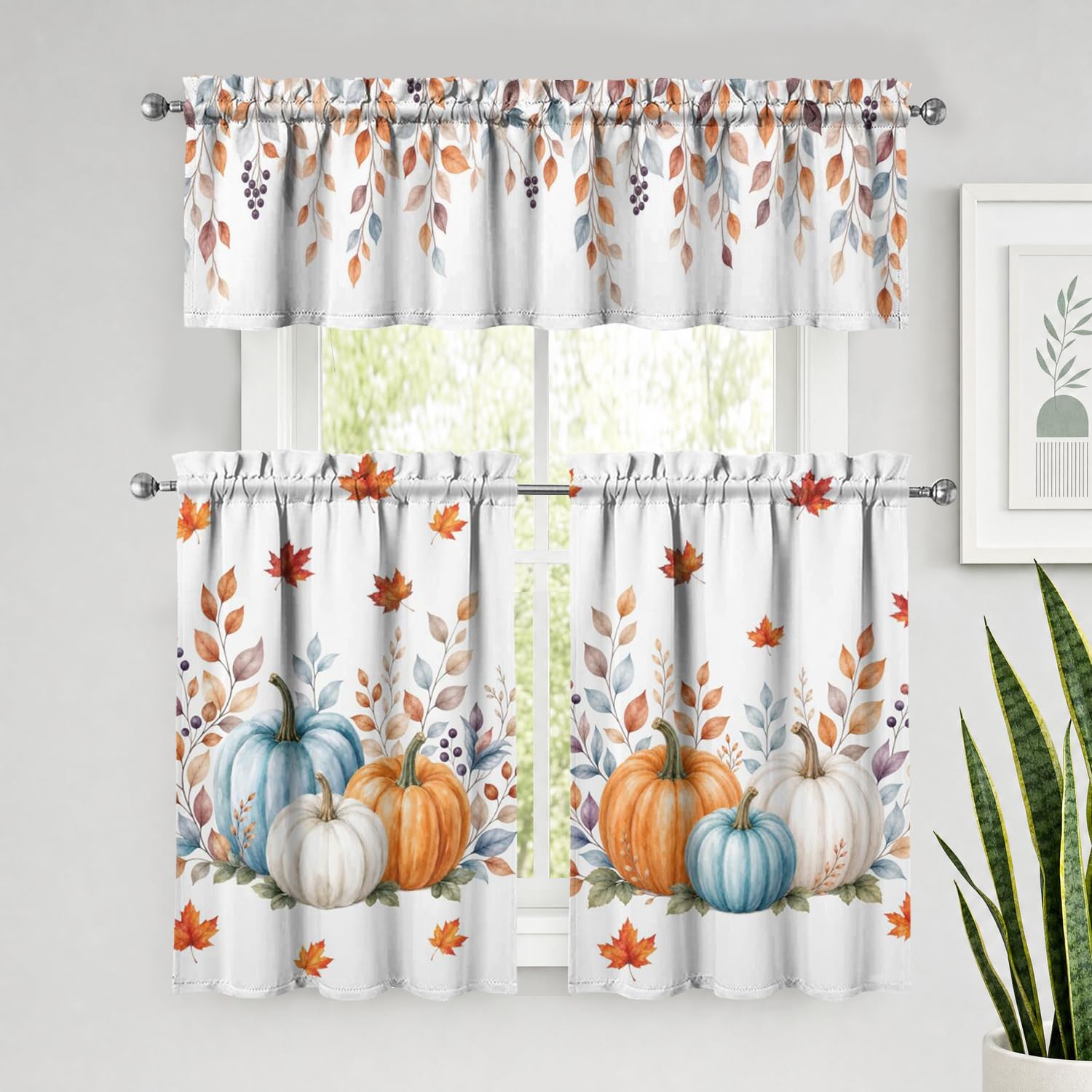 Fall Pumpkin Kitchen Curtains 3 Piece Set Tier Valance