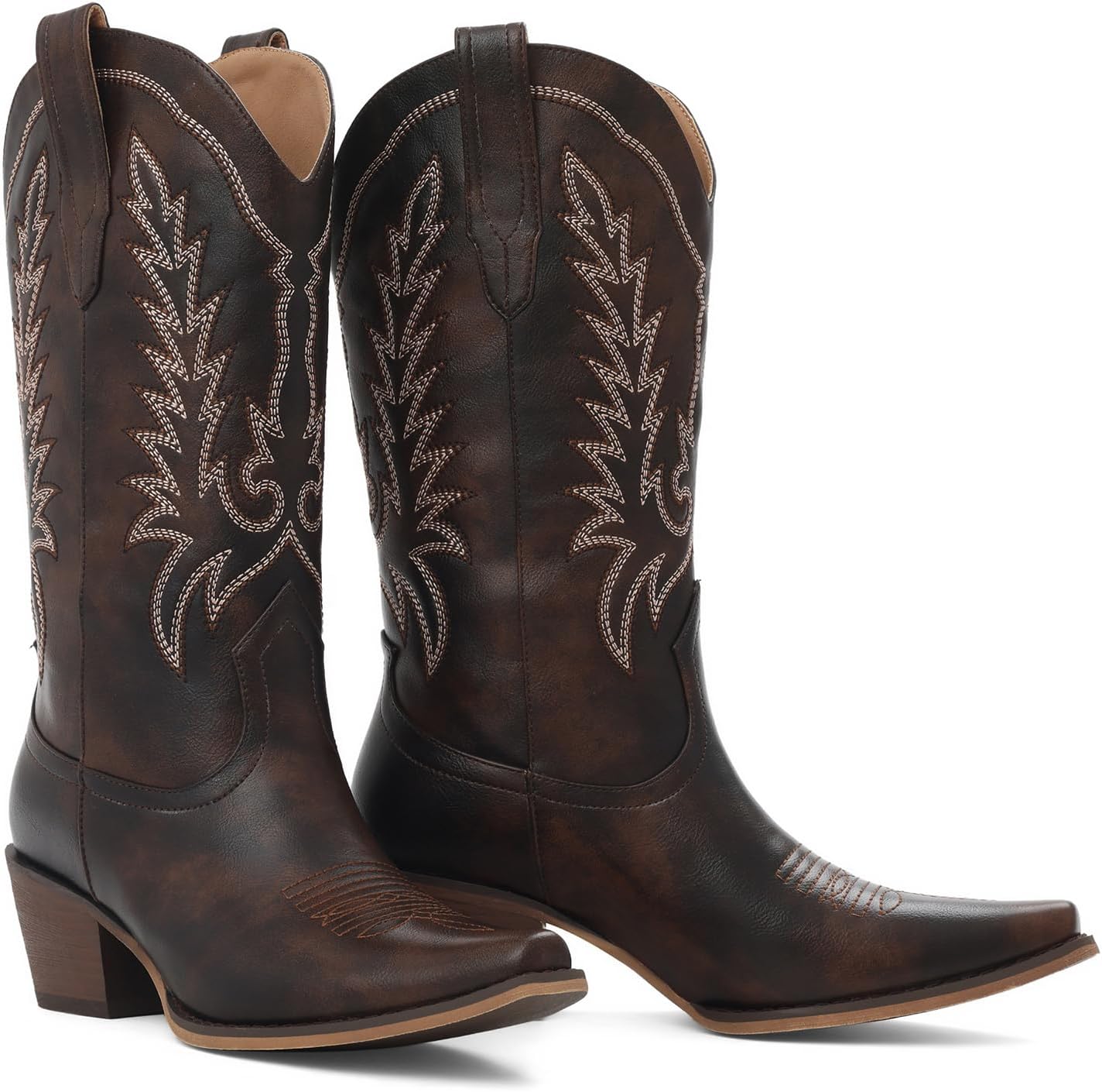 Tscoyuki Cowboy Boots for Women | Cowgirl Boots with Chunky Heel, Pull On Tabs, Vintage Snip Toe Embroidery, Western-Inspired Mid Calf Boots