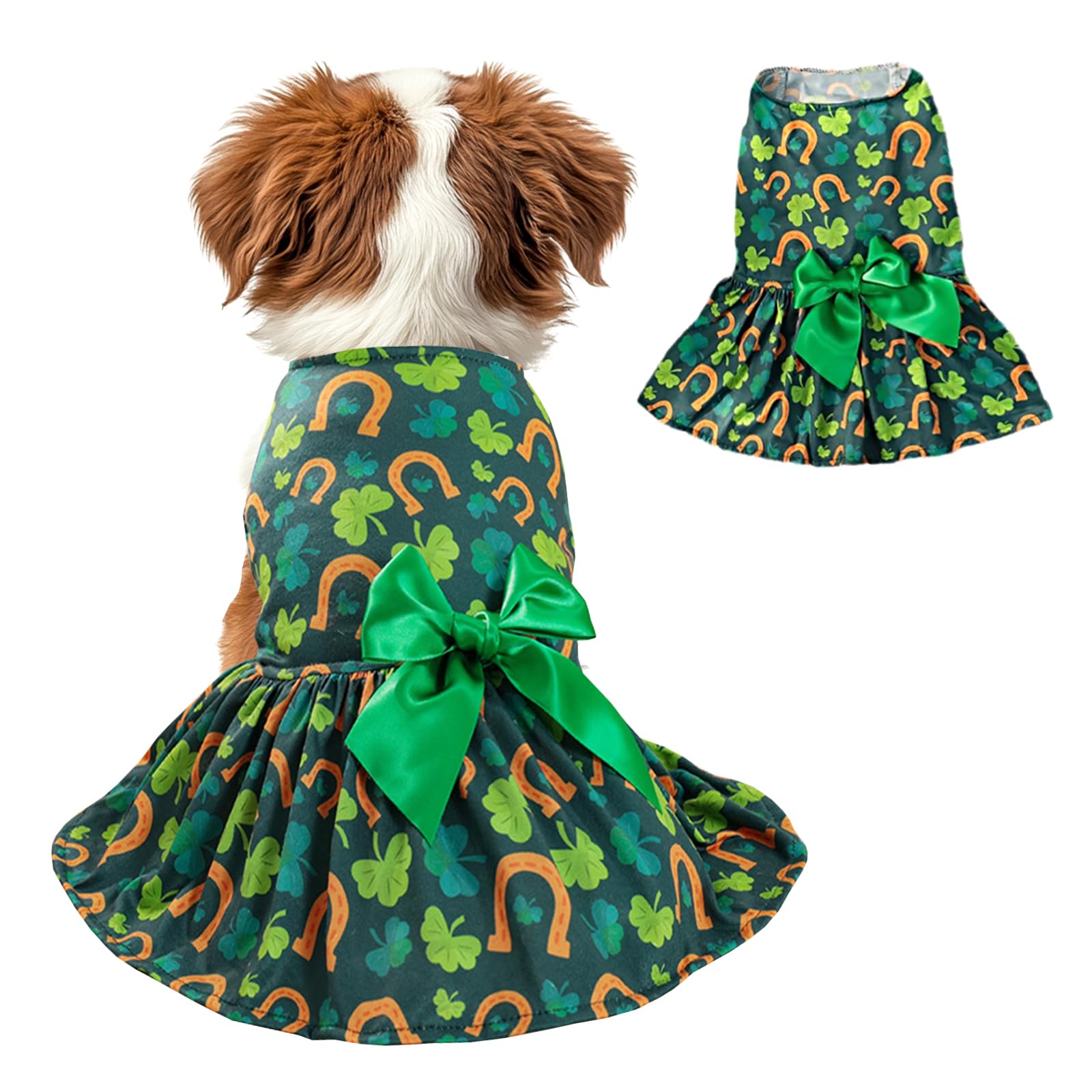 St. Patrick's Day Dog Costume Dress S, Green Shamrock and Horseshoe Print with Satin Bow, Pet Outfit for 6-7 lbs Dogs and Cats, Festive Holiday