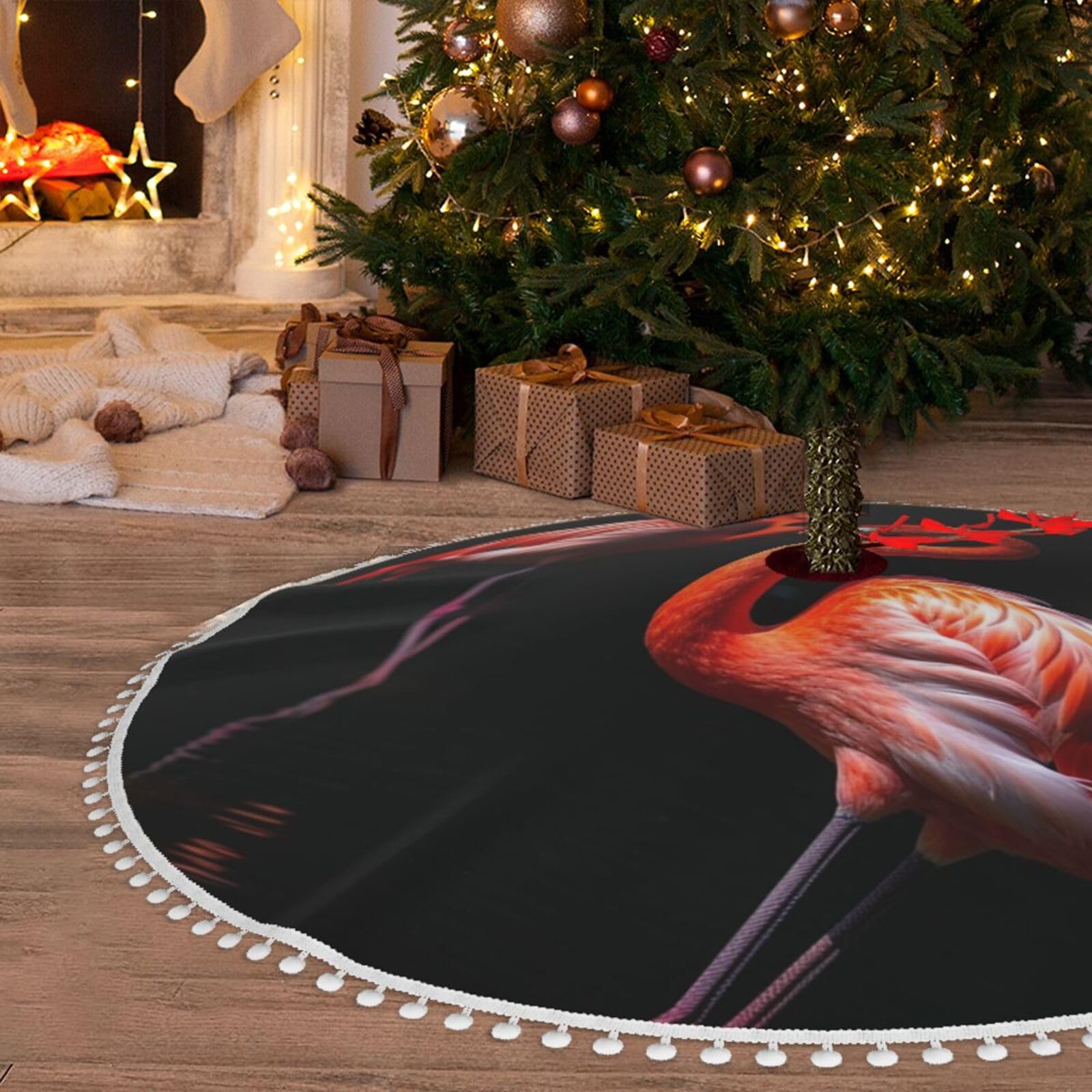 Jupe de sapin de Noël flamant rose 122 cm en peluche noire pour décoration de fête et salon