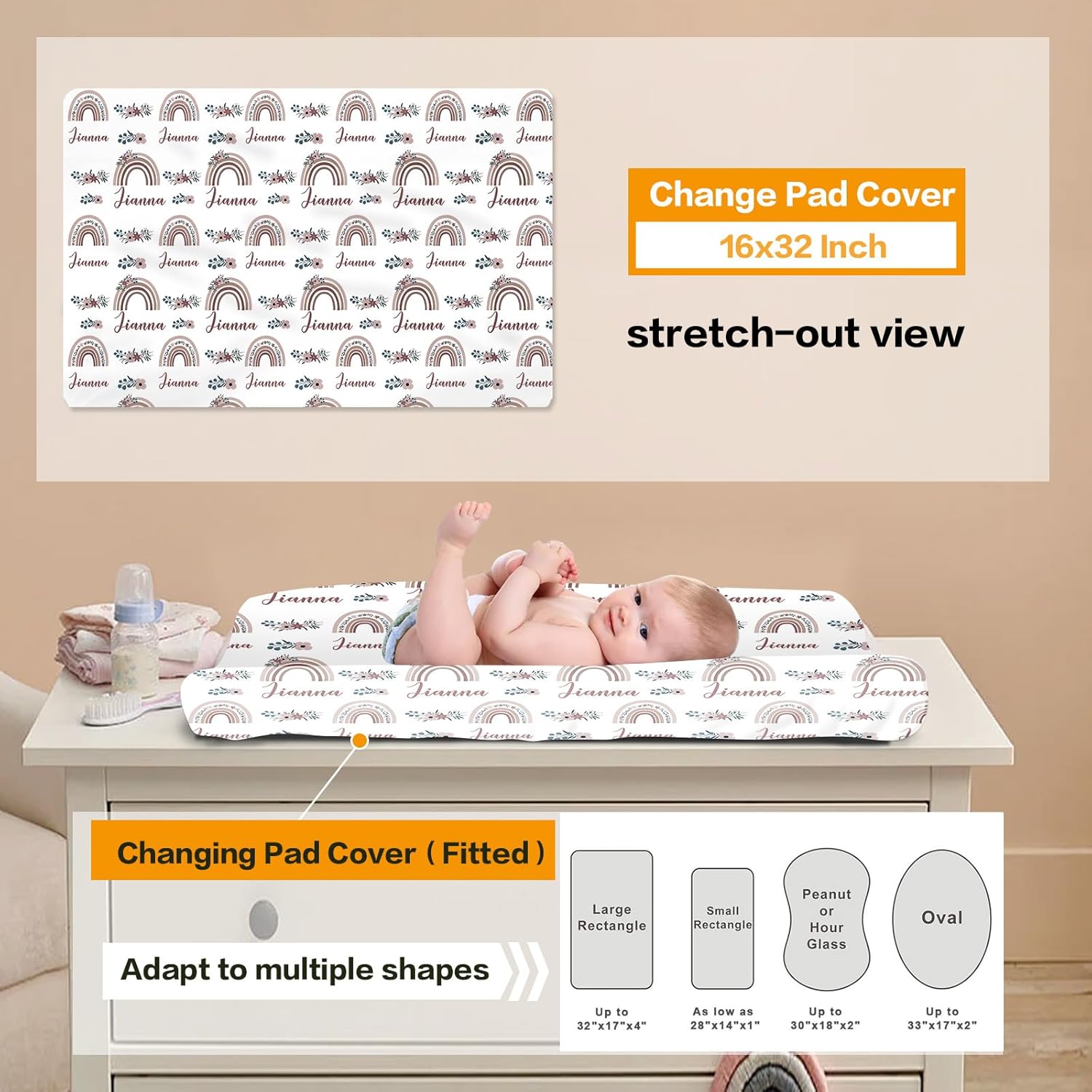 Personalized Boy Crib Bedding Set for Infant Baby: Custom Name Nursery Decor Rainbow Light Brown Baby Blanket Fitted Crib Sheet Changing Pad Cover 3 Pcs(Fixed Size)