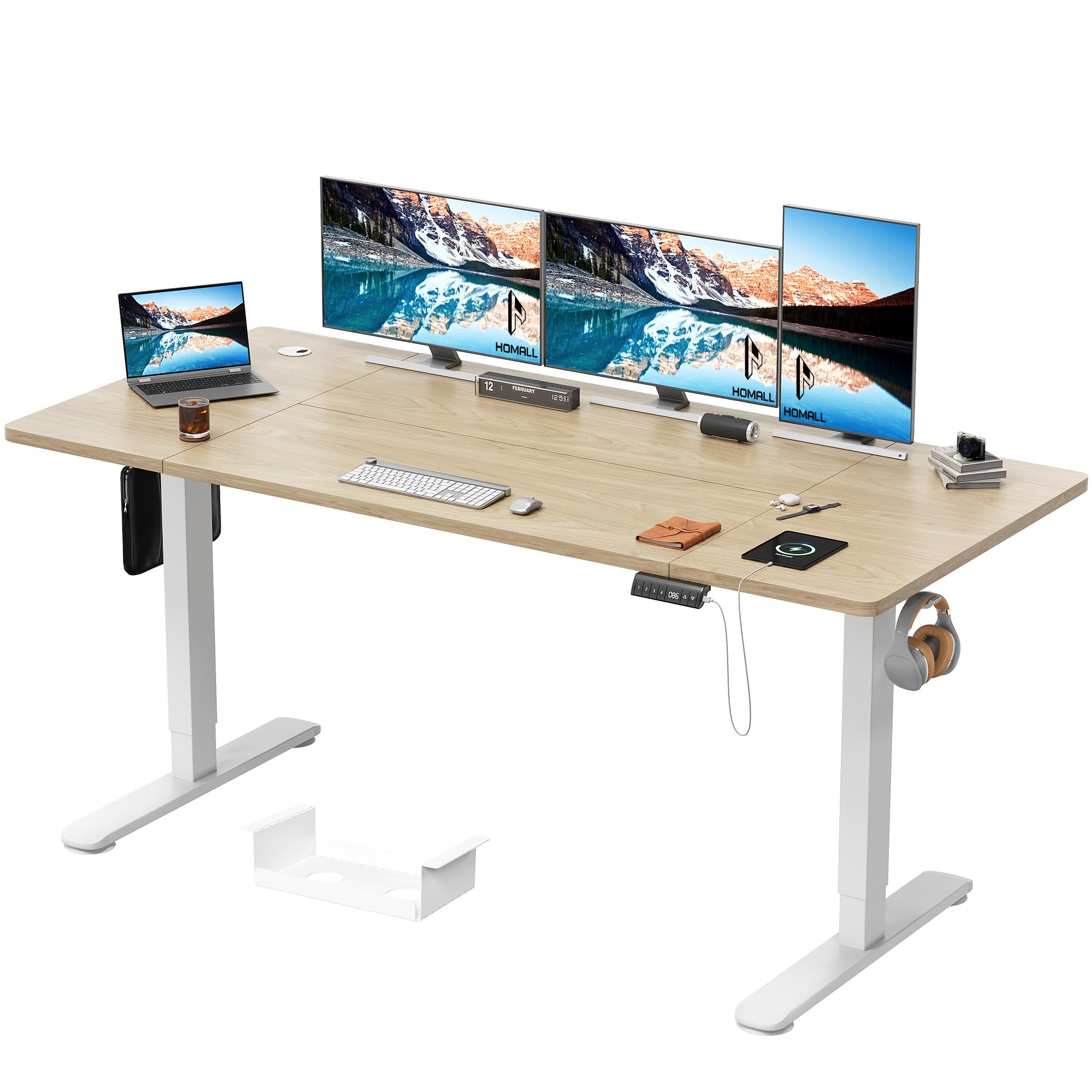 Homall 180x80cm Height Adjustable Standing Desk with USB Charging,Sit Stand Desk with Wire Management Tray, Stand up Table Heavy Duty Steel with 3 Memory Setting,Beige