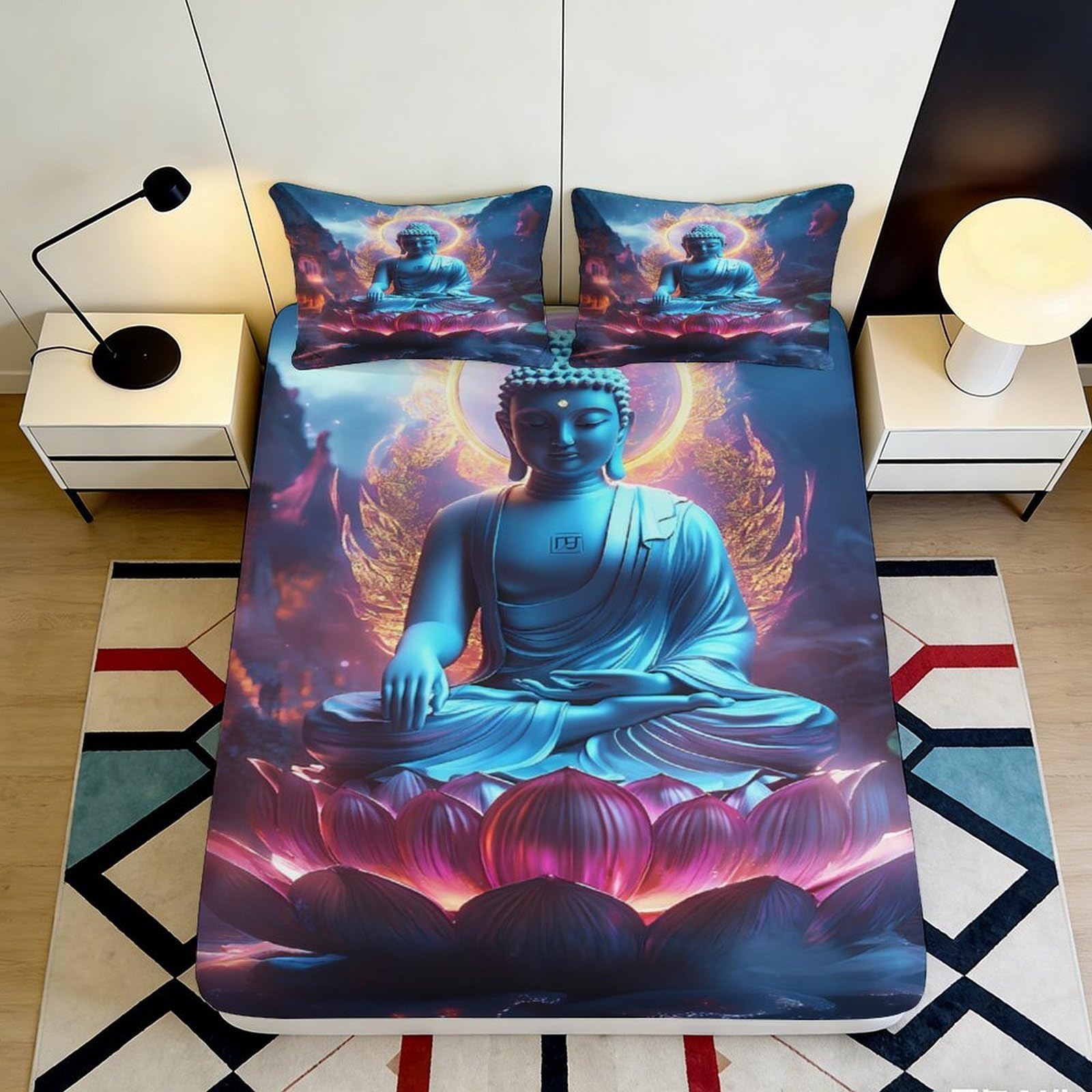3D Printed Buddha Lotus Fitted Sheet Microfiber Artistic Mattress Cover for Bedroom Dorm Soft Washable Anti-Dust Decor 90x200x25cm