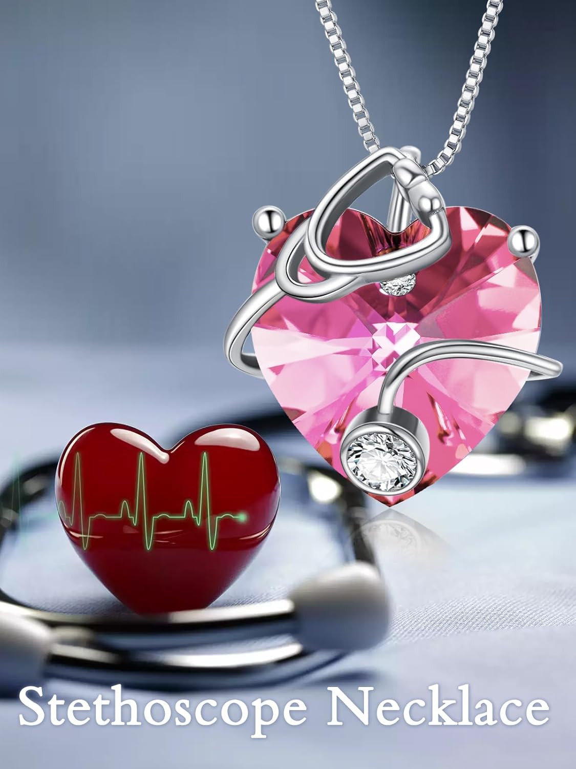 OCJ Nurse Gifts Stethoscope Necklace 925 Sterling Silver Heart Birthstone Jewelry Birthday Graduation Gifts for Nurse Doctor Medical Student - Image 7