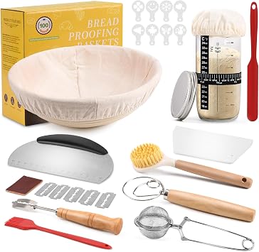 Sourdough Starter Set, Complete Sour Dough Starter Kit With Jar, 23cm Round Banneton Proofing Baskets, 11 PCS Bread Making Accessories, Bread Fermentation Basket Gift Set for Baking Lover