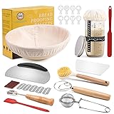 Sauerteig Starter Set, 11-teilig Gärkorb Brot, Gärkörbchen Rund 23cm, Komplettset Brot Backen Zubehör, Brotbacken Startver Set Großes Geschenk für Anfänger, Erfahrener Bäcker Rundes Geschenkset