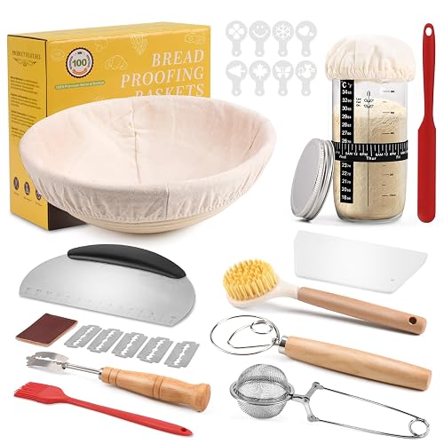 Sauerteig Starter Set, 11-teilig GĂ€rkorb Brot, GĂ€rkörbchen Rund 23cm, Komplettset Brot Backen Zubehör, Brotbacken Startver Set GroĂes Geschenk fĂŒr AnfĂ€nger, Erfahrener BĂ€cker - Rundes Geschenkset