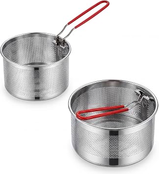 2Pcs Pasta Strainer, Stainless Steel Noodle Strainer Basket with Removable Handle Frying Baskets Strainers for Cooking French Fries, Vegetable, Rice, Fruit & Food 16cm+18cm