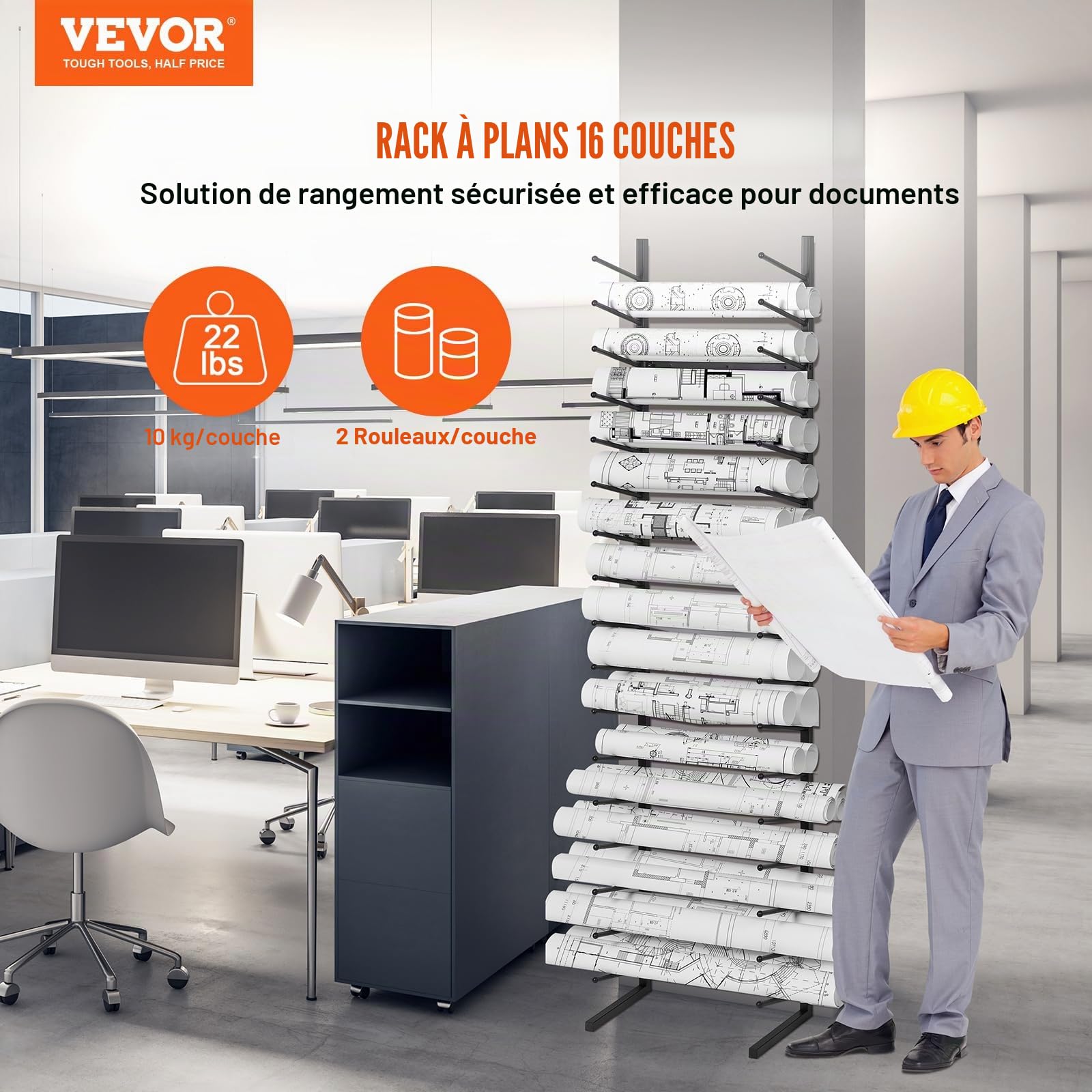 VEVOR Étagère de Rangement pour Plans de Construction Architecturale à 16 Niveaux, Support de Plans Vertical 2 Tiges par Niveau, Meuble de Rangement pour Affiche de Carte, Fichiers en Rouleau, Bureau