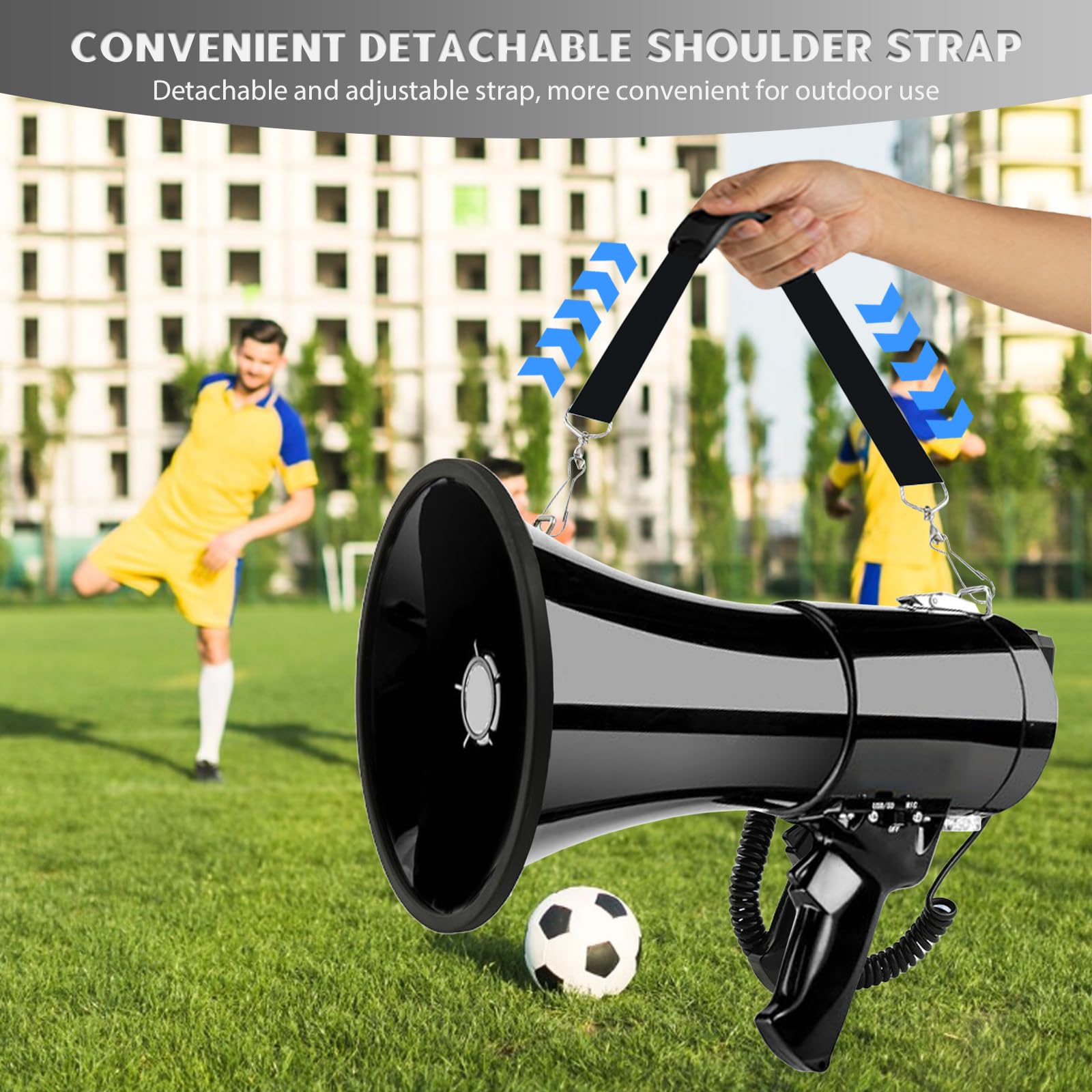 Mégaphone Transportable 100W, Portée Maximale 2000m, Fonctions Enregistrement et Bluetooth, Megaphone Porte Voix avec Bandoulière Réglable