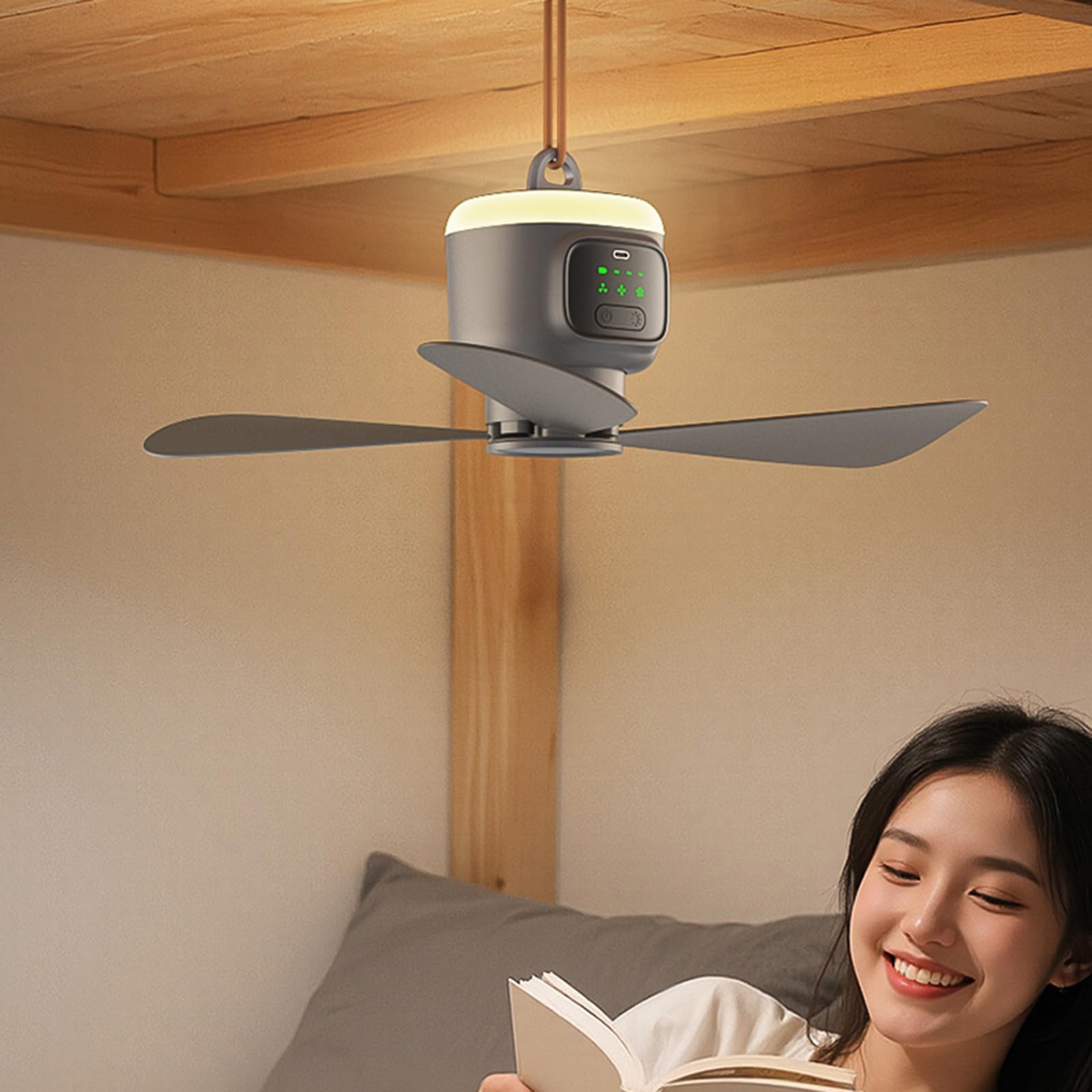 Ventilatore da soffitto con telecomando con luce regolabile, ricarica USB, modalità a 3 velocità per tende, cantieri, raffreddamento interno, luce da campeggio ricaricabile con ricarica USB