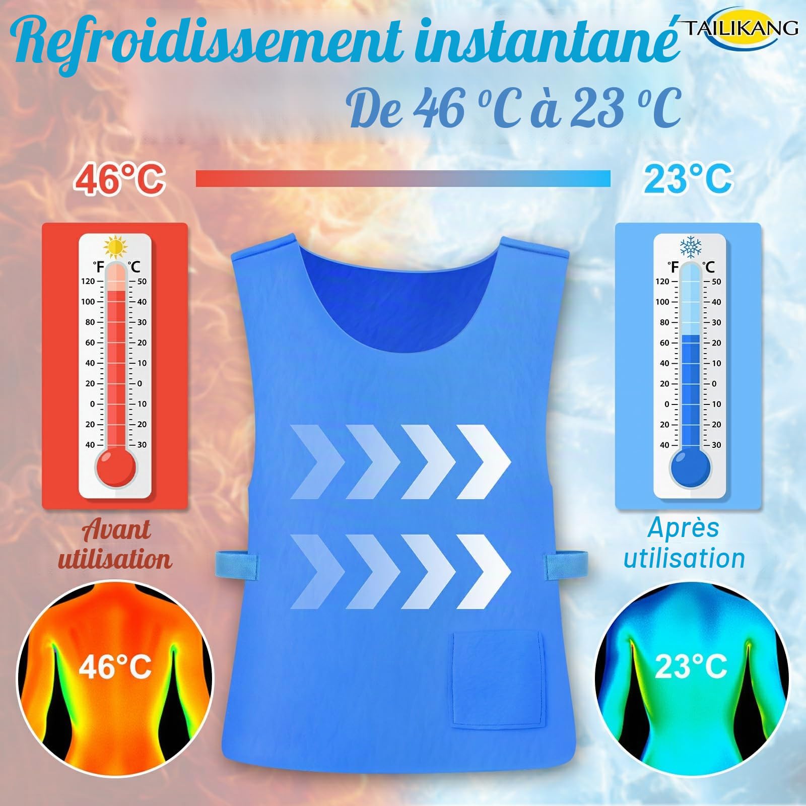 Gilet rafraîchissant homme femme unisexe activé eau sport travail estival | Effet évaporatif, fraîcheur durable sans glace ni énergie, ajustable réutilisable pour activités extérieures chaudes