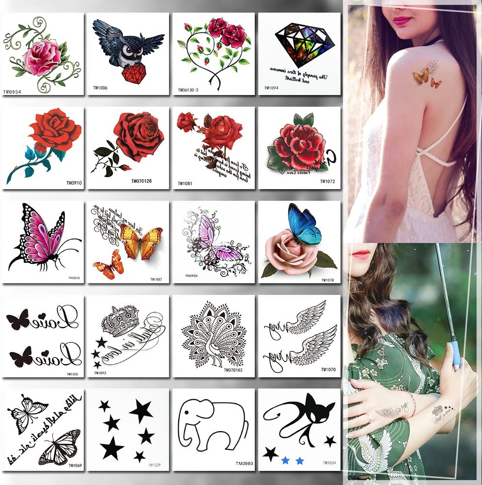 20 Pieces Temporary Tattoo, Rose, Animals and Butterfly Flash Tattoo, Easy to Apply and Long Lasting for Women Boys and Girls (20PCS Set C)