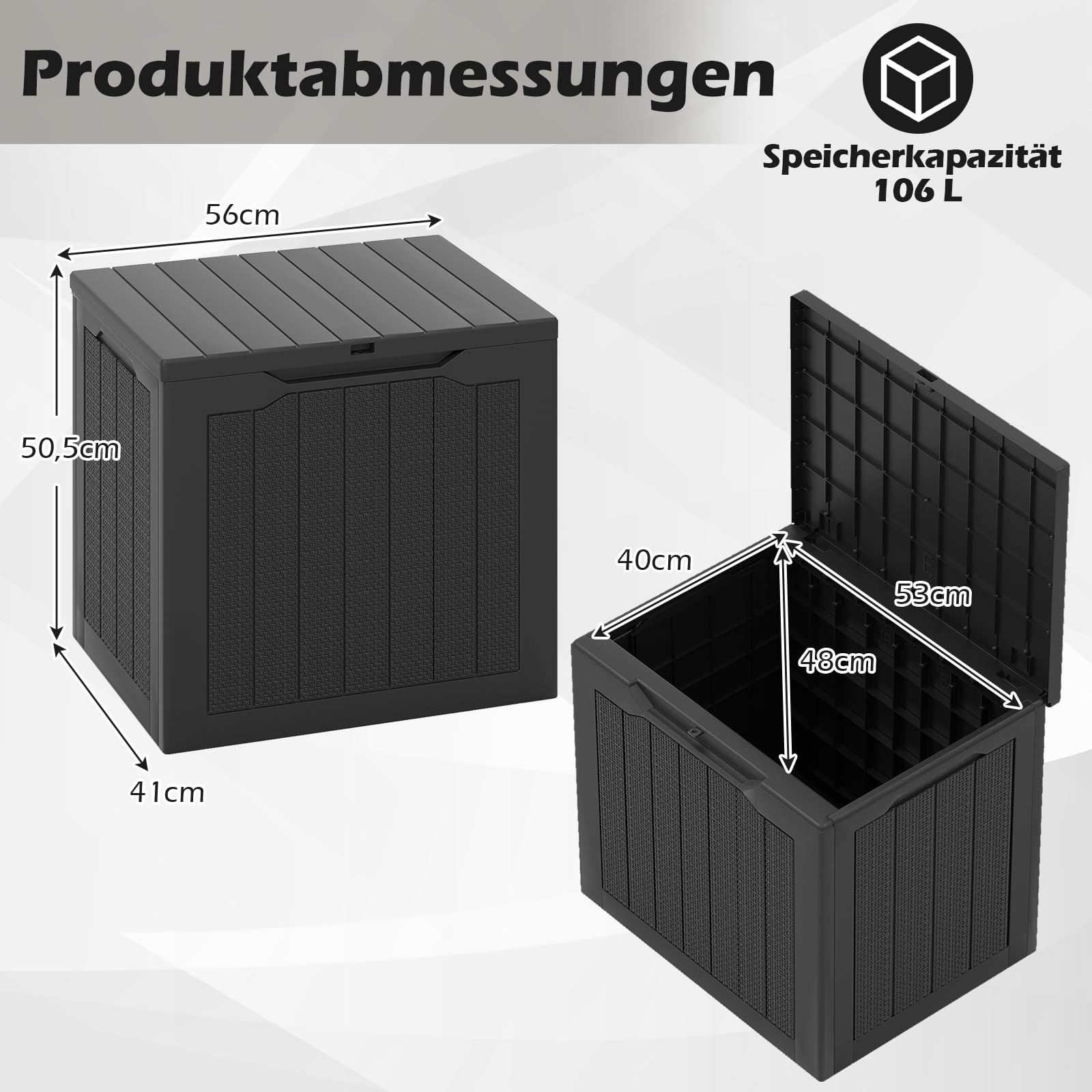 COSTWAY Gartenbox 106L, Auflagenbox mit abschließbarem Deckel & Rattanoptik, Wetterfeste Aufbewahrungsbox, Kissenbox für Poolzubehör, Gartengeräte, Pakete, Gartenmöbel, 56 x 41 x 50,5 cm (Schwarz)