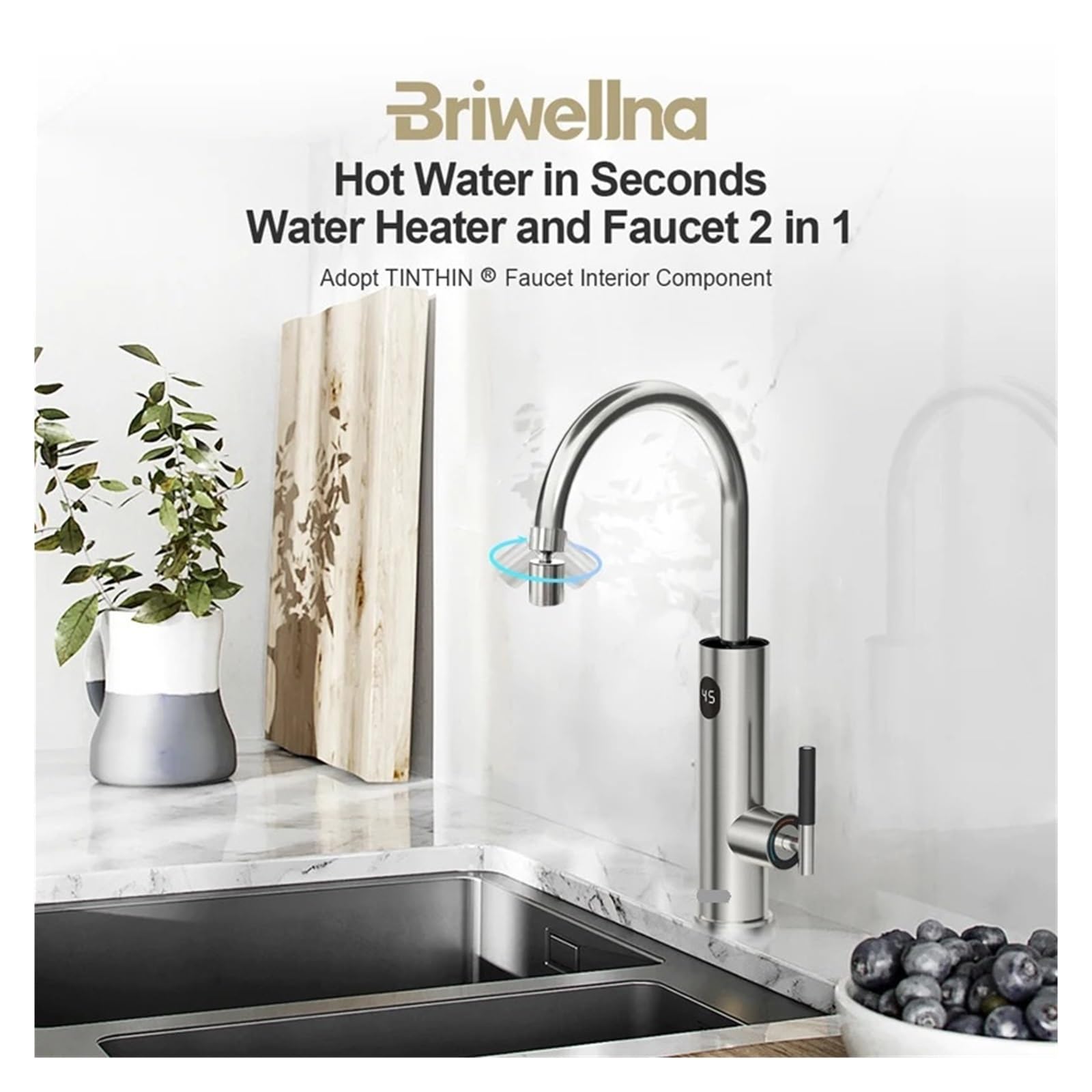 QHQQXN Grifo de Agua Caliente instantáneo, Grifo eléctrico de con Boquilla Flexible, caño de Acero Inoxidable, Accesorio para Fregadero de Cocina de Calentamiento rápido, diseño Plateado Moderno para