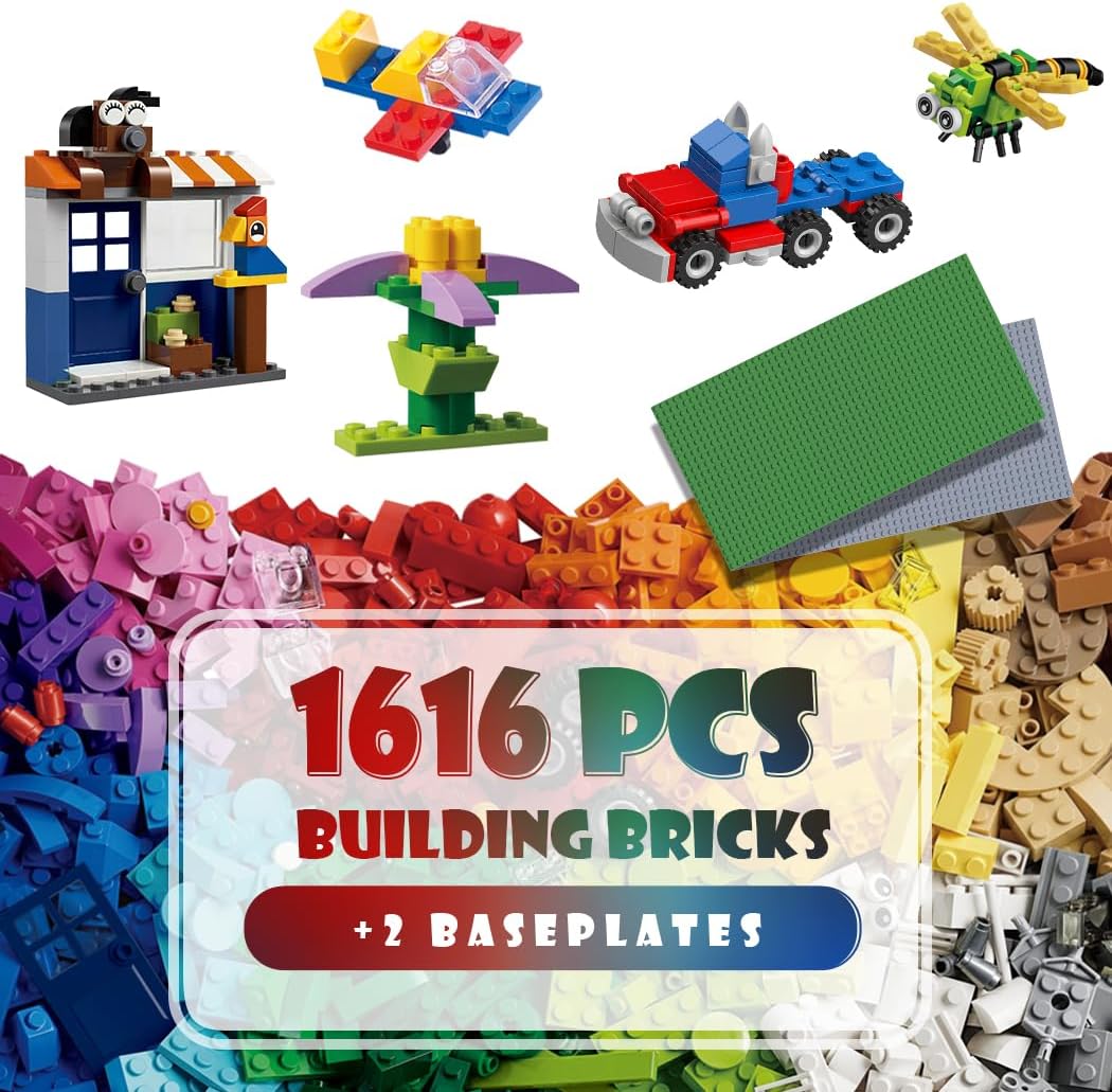 1616 Pieces Building Bricks - Compatible with All Major Brands Classic Bulk Small Blocks with 32x32 Baseplates, STEM Creative Ideal Educational Toy Gift for Boys Girls Kids