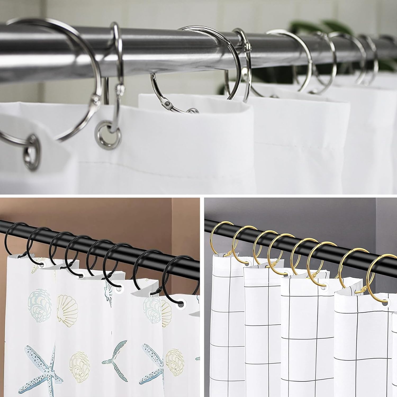 50 Anneaux Rideau + 50 Crochets - Diamètre Intérieur 30 Mm - Métal Blanc - Pour Rideaux, Portes, Douche