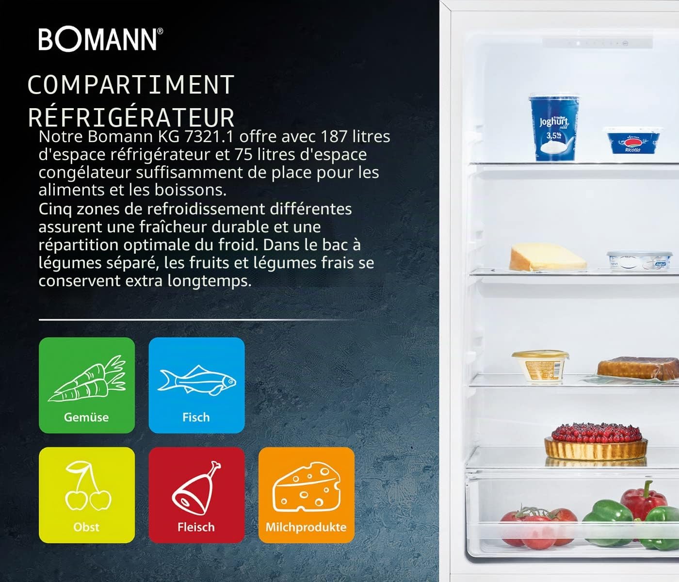 Bomann Réfrigérateur et congélateur 269L blanc KG184-1-inox/blanc, Capacité nette : 269 litres, Contrôle de la température en continu, Charnières de porte à droite, interchangeables
