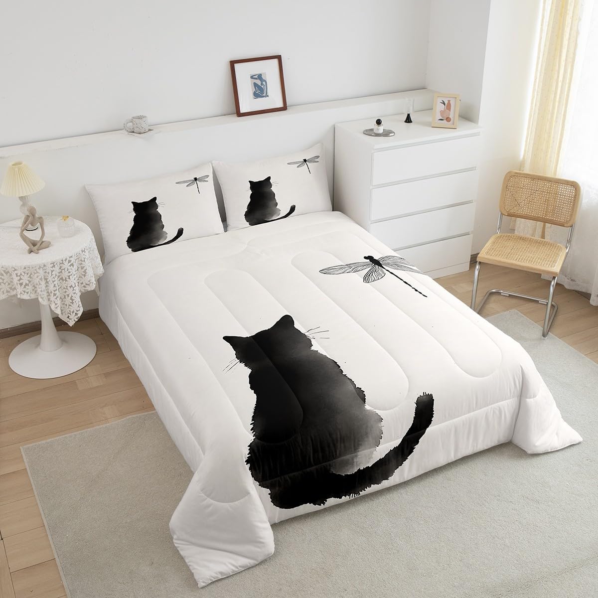 Feelyou Kids Cute Cat Comforter Set Toddler Boys Girls Dragonfly Comforter Cute Kitten Print Bedding Set Japanese Style Quilt Set