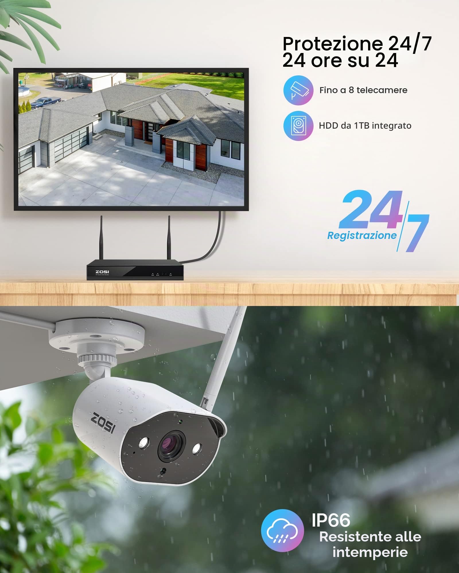 ZOSI 3MP Kit Videosorveglianza WiFi Esterno, 8CH 1TB NVR con 4x 3MP Telecamera WiFi, Audio Bidirezionale, Visione Notturna a Colori, Rilevamento di Persone, C302