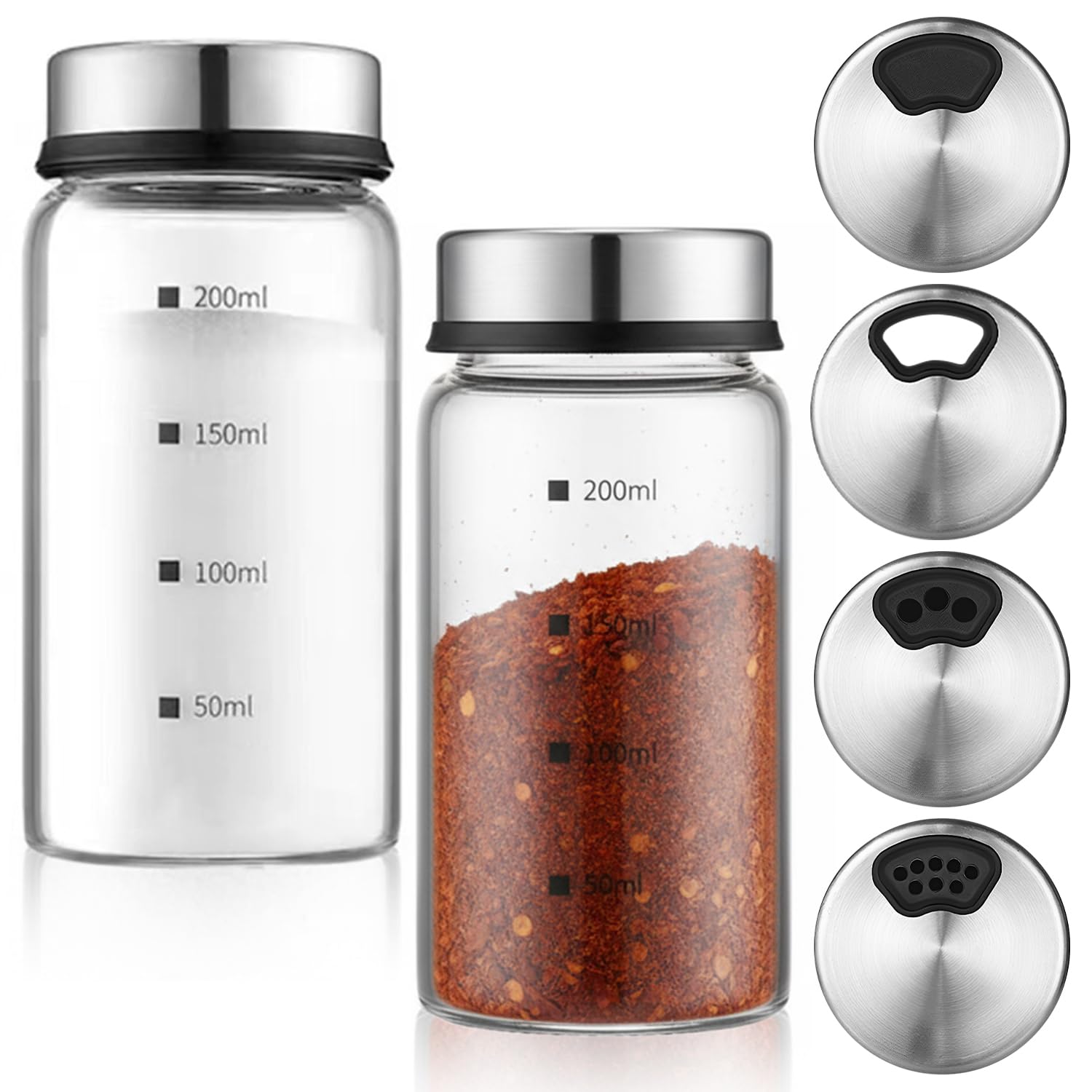 Exquilnova 2PCS Salt Shaker,200ML Salt and Pepper Shakers with Adjustable Rotating Lid,Transparent Salt and Pepper Pots,Glass Salt Cellar for Home,Cafeteria,Restaurants,BBQ,Kitchen Gadgets(200ML)