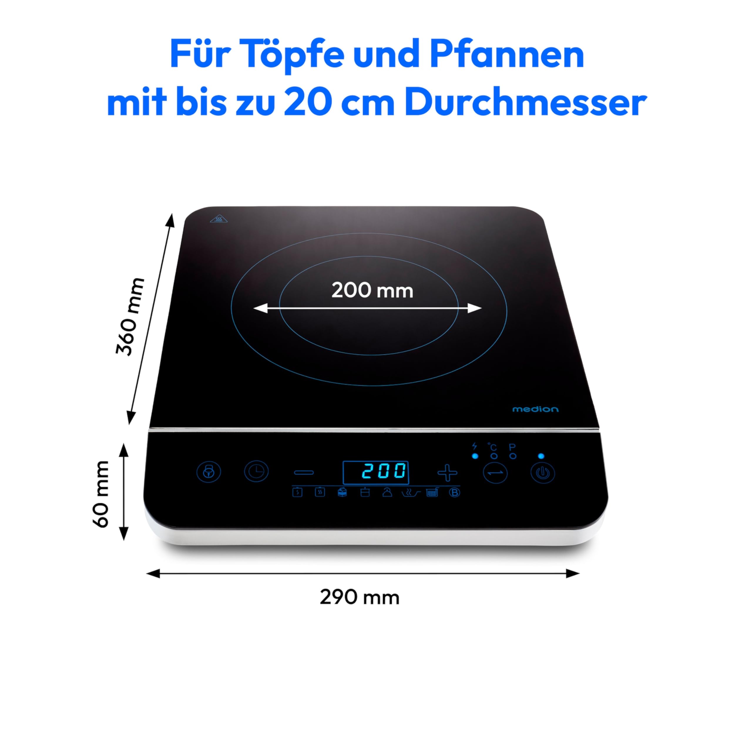 MEDION Induktionskochplatte 2000 Watt 60-240°C 8 Automatikprogramme 10 Leistungsstufen LED Display schwarz
