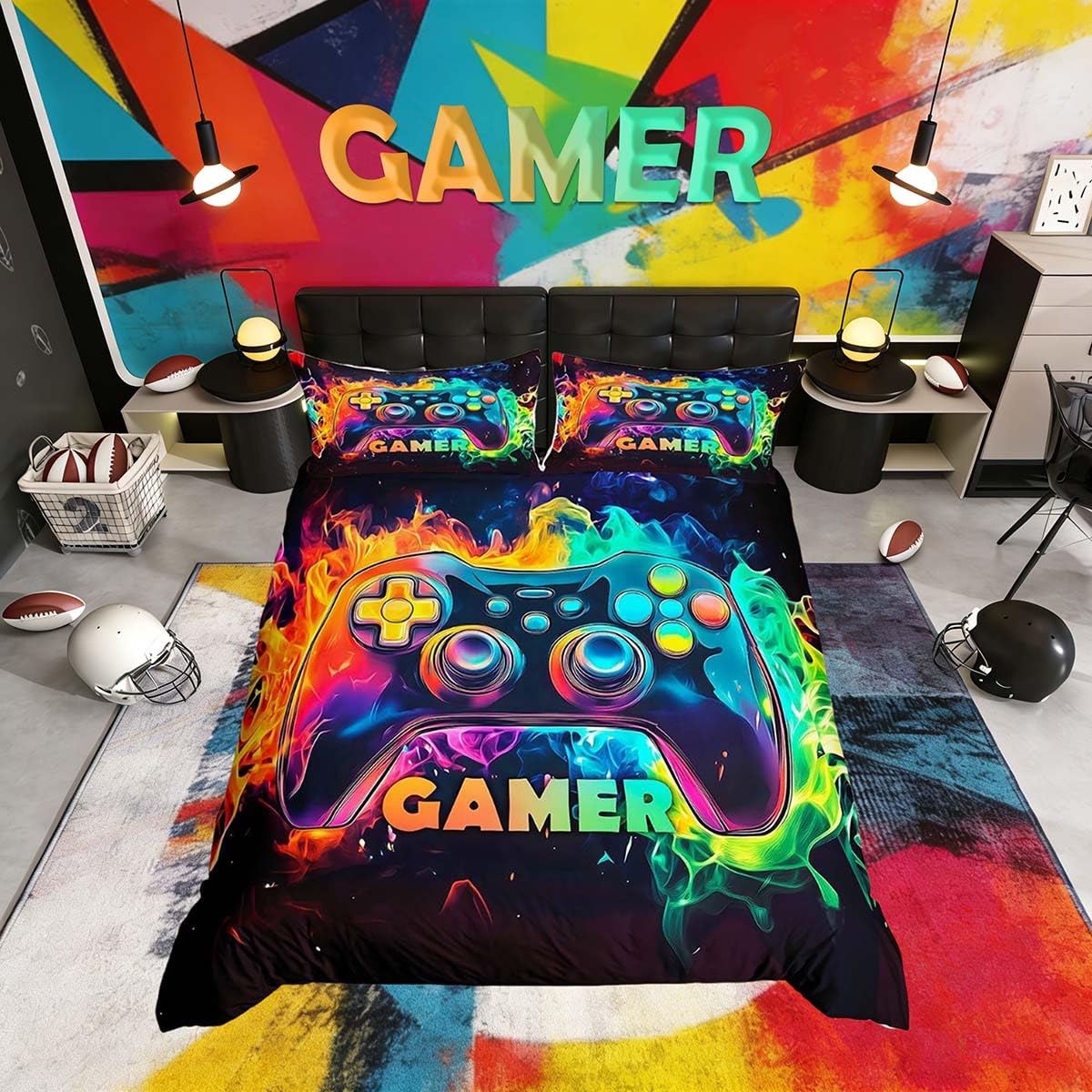 Homemissing Boys Gamer Duvet Cover Set King Size For Kids Boys Girls Gaming Bedding Set Multicolor Gameped Duvet Cover with 2 Pillowcases Game Console Controller Bedding — image 1
