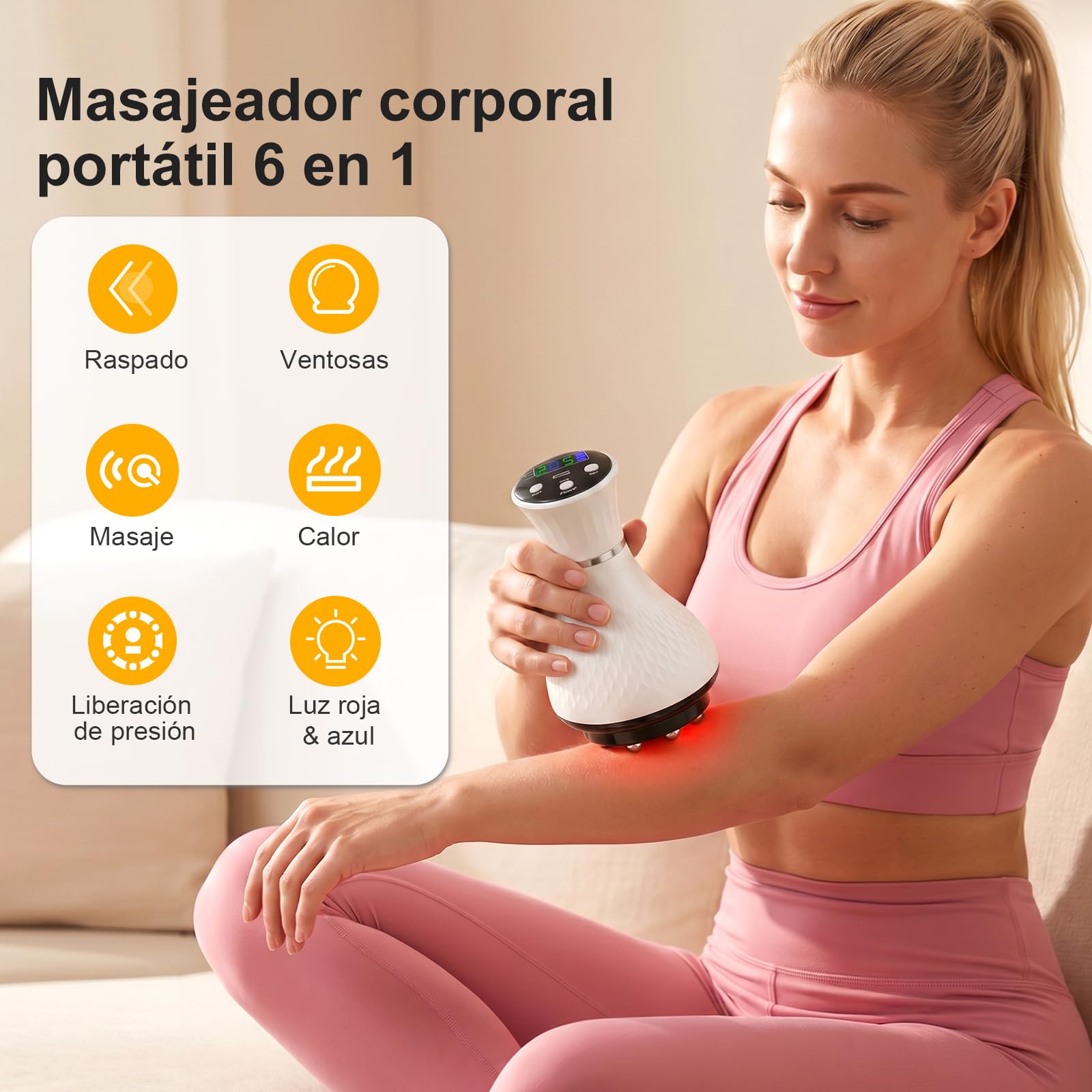 Masajeador 5 en 1: Gua Sha, Cupping, calor y EMS | Succión 5 niveles, Type-C, 248g, contactos suaves, brazos/piernas/espalda, uso diario