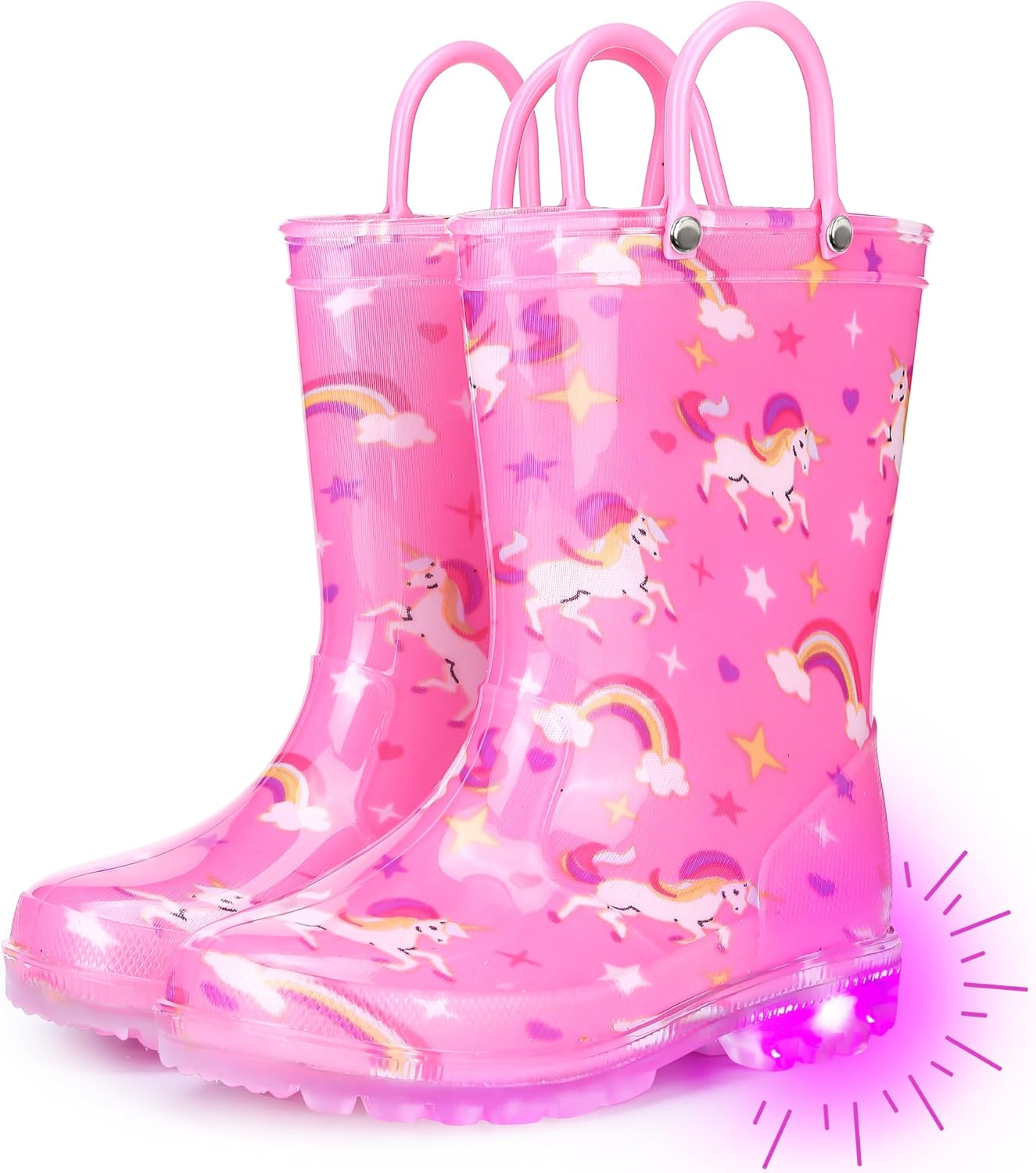 Funspread Rain Boots for Girls Toddlers - Light Up Kids Rainboots Boots Waterproof Lightweight Rain Shoes with Handles (Toddler/Little/Big kids)