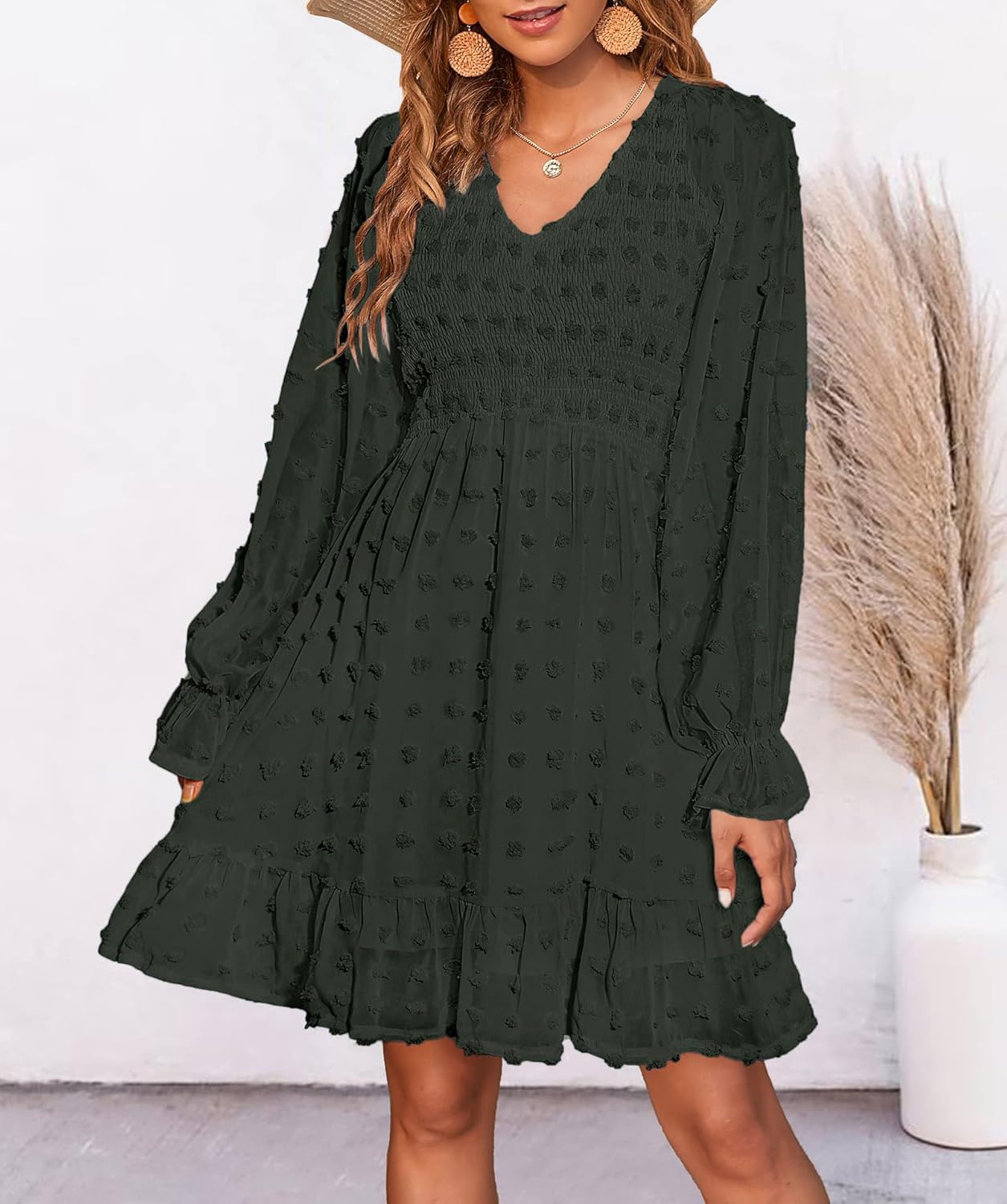 BTFBM Spring Dresses for Women 2026 Long Sleeve Casual V Neck Swiss Dot Smocked Ruffle Chiffon Flowy Mini Summer Dress - Image 4